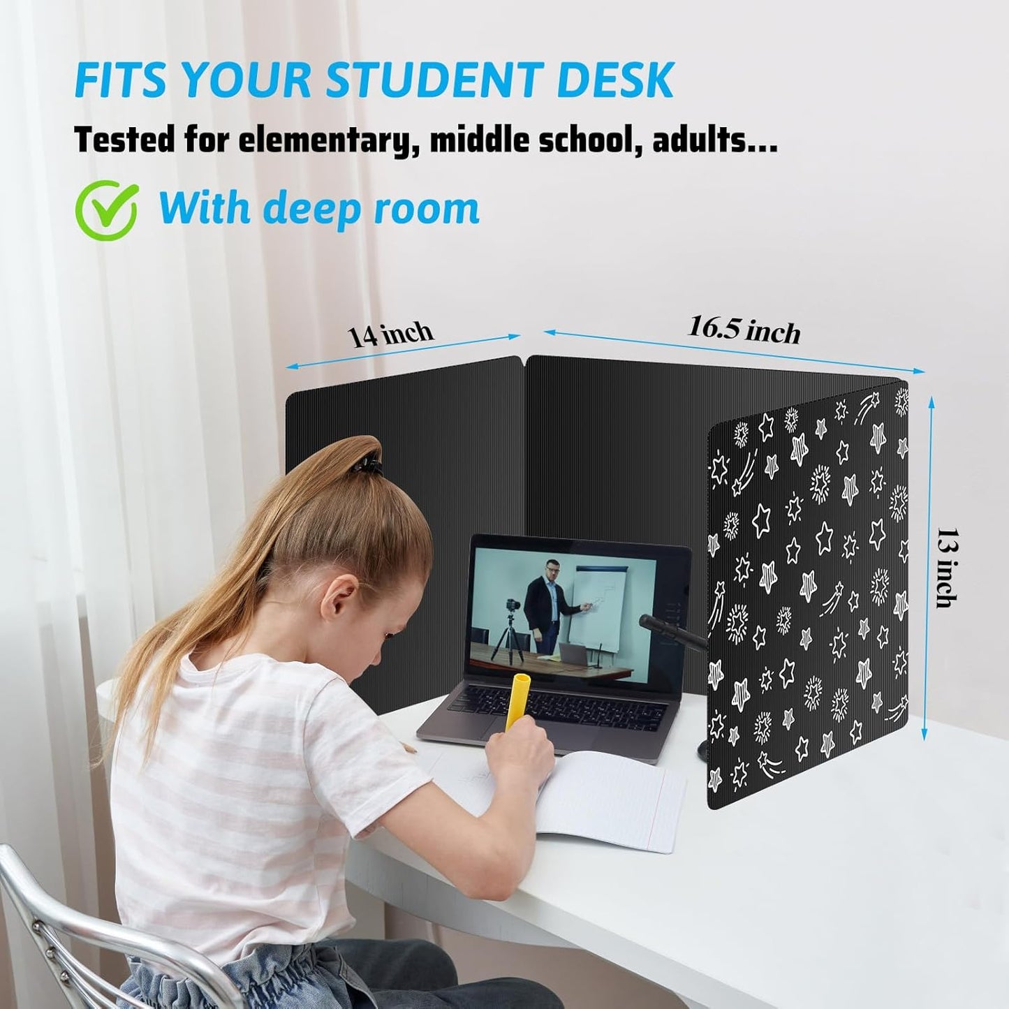 Black 2-Pack Desk Dividers for Students, Waterproof Plastic Study Carrel Divider, Durable Testing Dividers for Classroom Teacher Supplies, Easy to Clean Privacy Shield Folder Boards for Student Desk