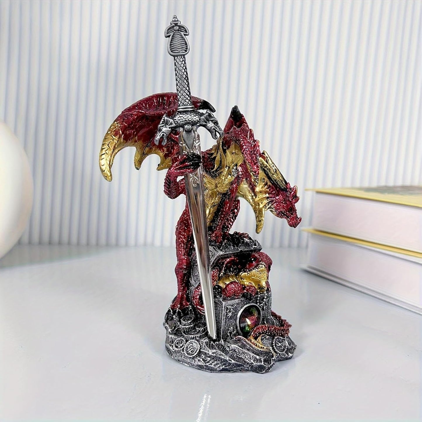 Dragon with Sword Collectible Statue Fantasy Figurine Resin Medieval Dungeons Creative Ornaments for Home,Shelf,Living Room Decor 7.68 Inches (Red)