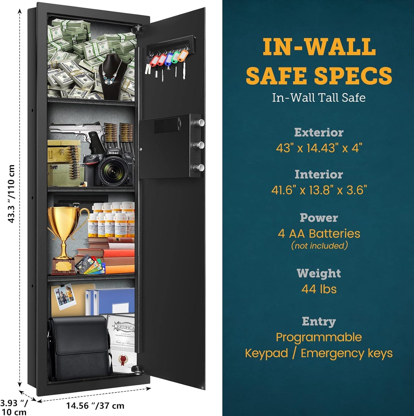 43.5" Tall Fireproof Wall Safe Between Stud, Heavy Duty Flush In Wall Safe With Digital Keypad & Removable Shelf, Hidden Gun Safe, Security Home Wall Safes For Storage Firearms Money Medicine