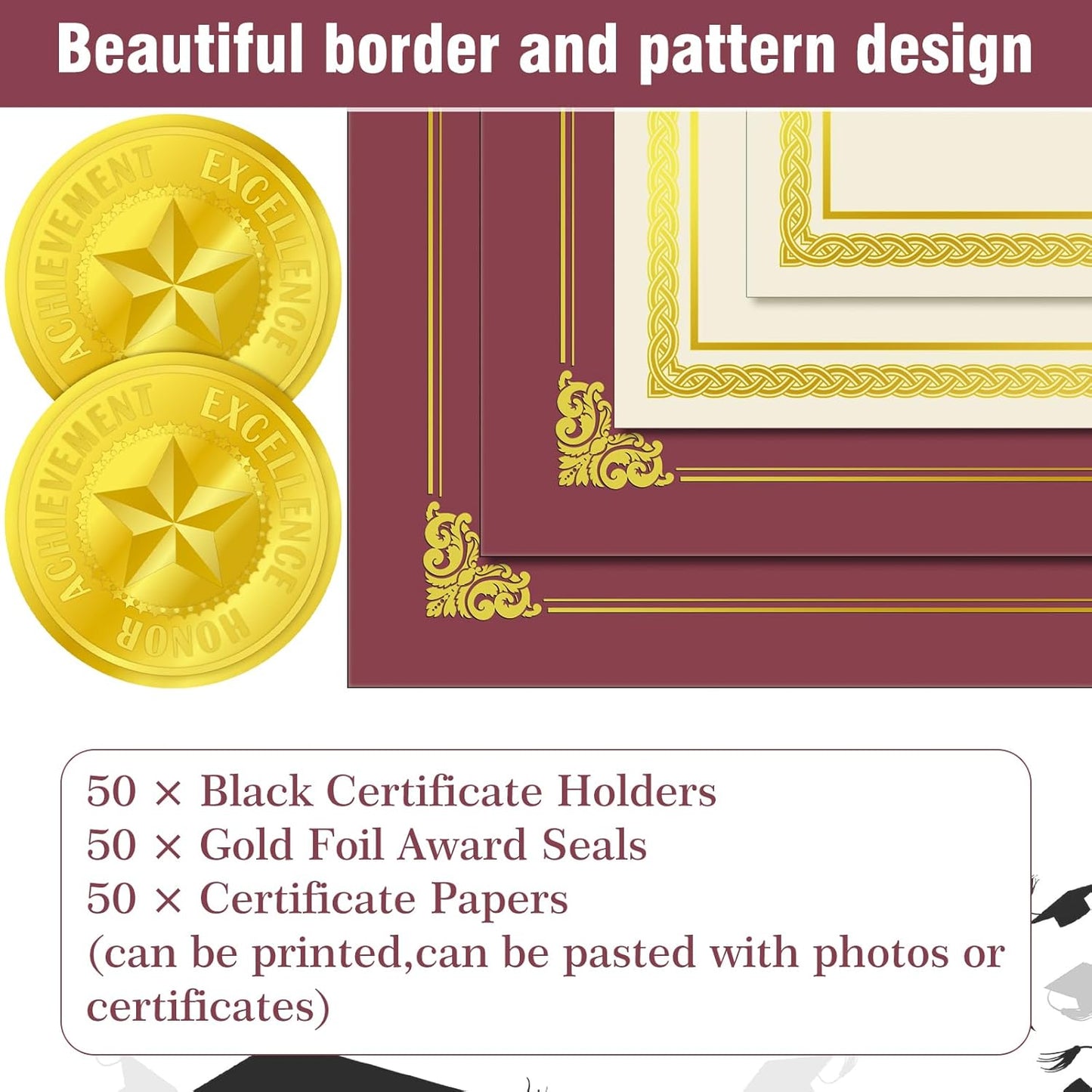 150 Pcs Certificate Kit Include 50 Certificate Holders 50 Paper and 50 Embossed Seal Stickers Diploma Covers for Graduation, Competition Supplies(Dark Red)