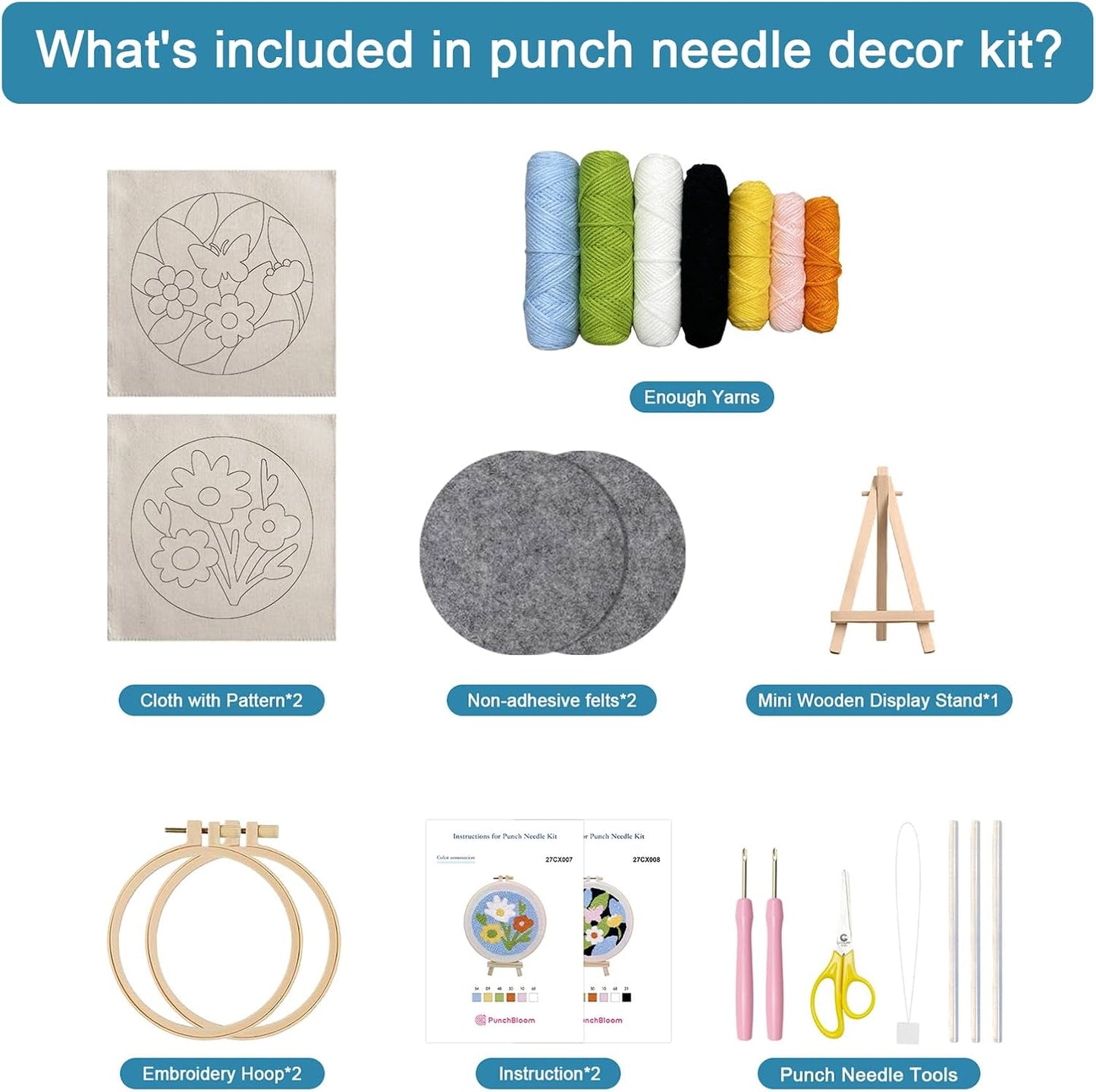 Punch Needle Kit for Adults Beginners, 2Pcs Flower Punch Embroidery Starter Kit – Easy Yarn Stitch Project with Instructions – Fun Needle Point Craft for Home Decor & Gift Idea