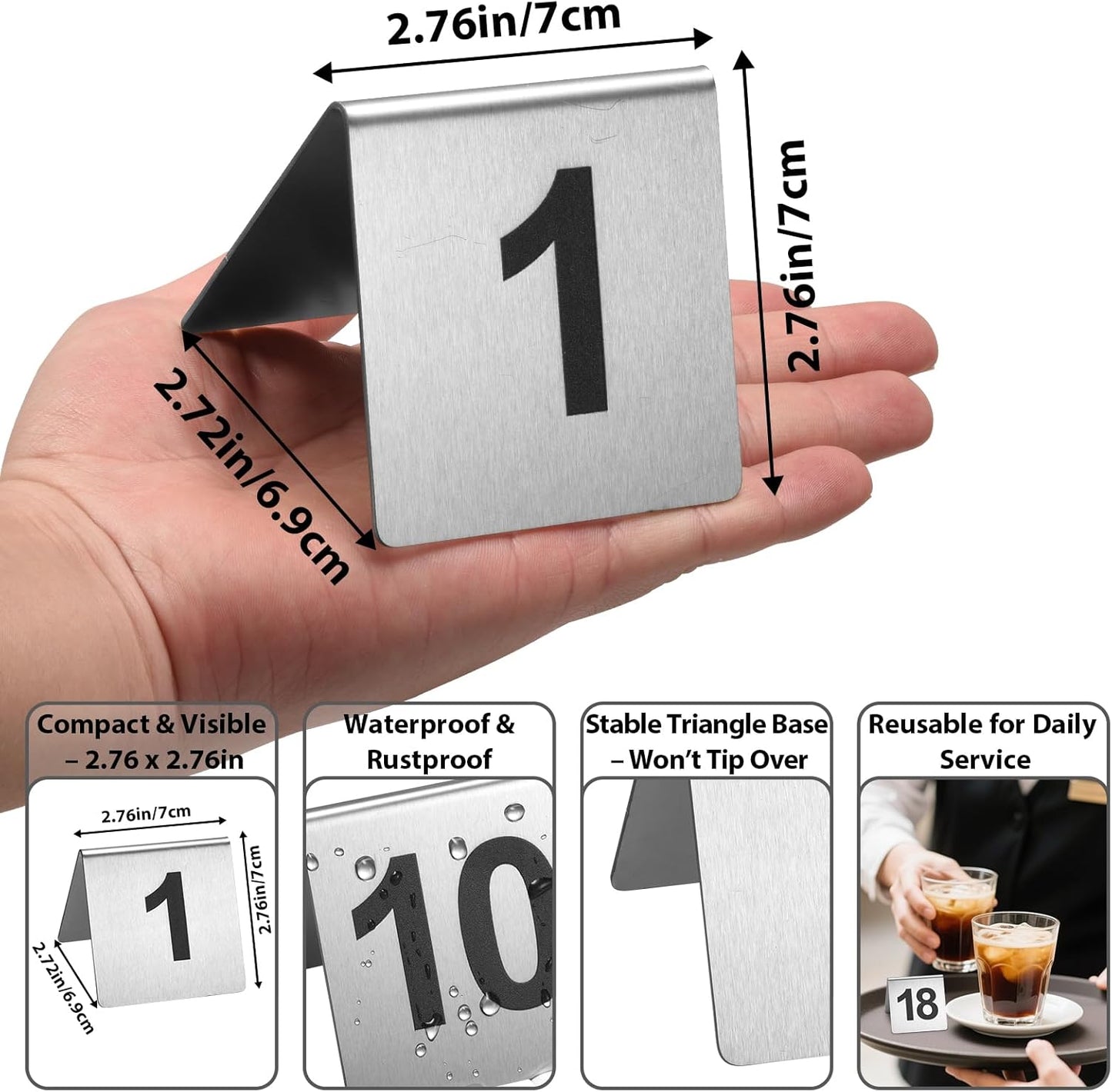 Stainless Steel Table Numbers 1-20, 2.76 x 2.76 Inch Tent Style Number Signs, Heavy-Duty Metal Table Number Cards for Restaurant, Cafe, Hotel, Large Clear Numbers, Waterproof and Rustproof