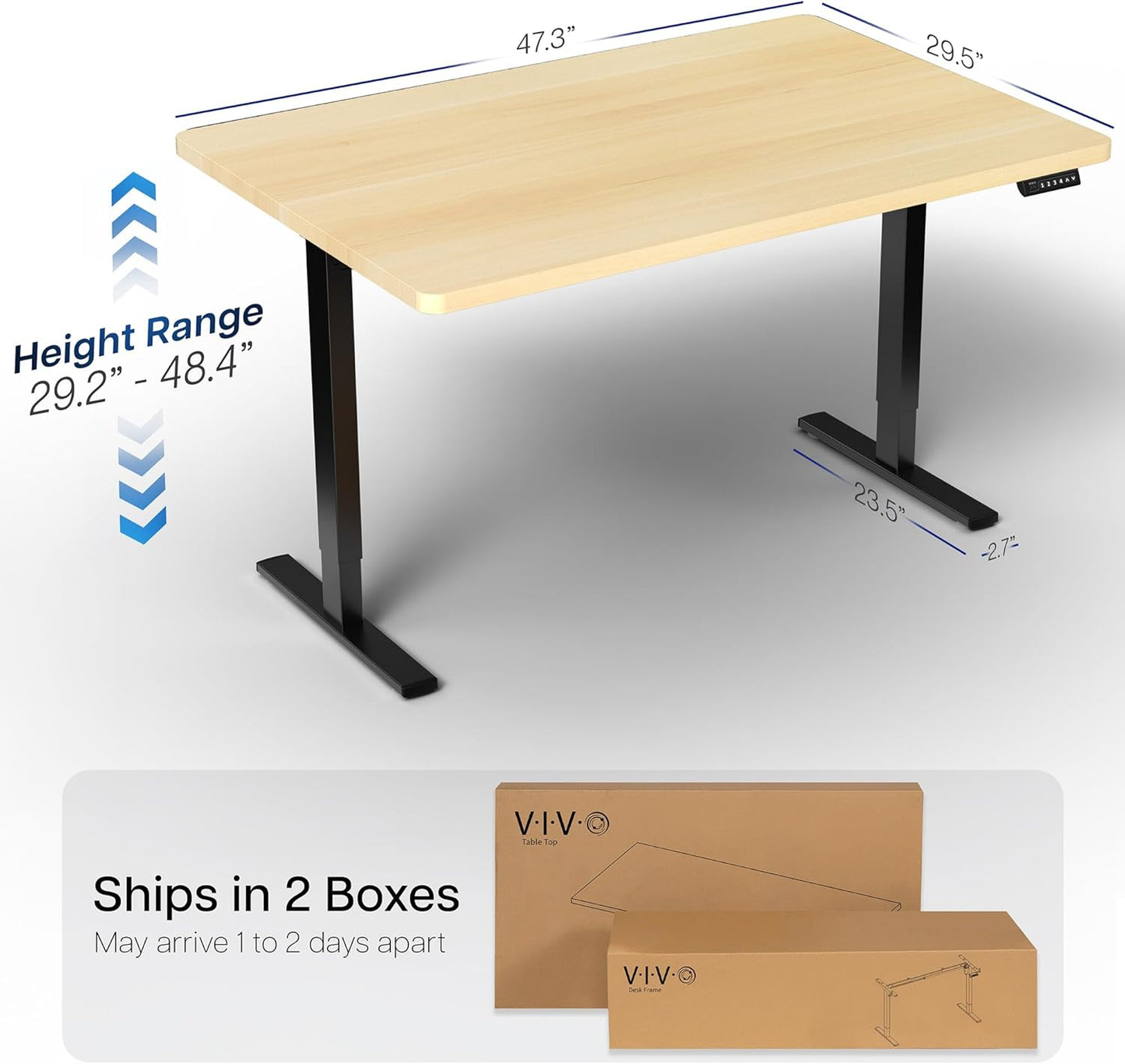 VIVO Electric 48 x 30 in Standing Desk, Memory Height Adjustment, 1B Series, One-Piece Light Wood Top, Black Frame, DESK-KIT-1B5C