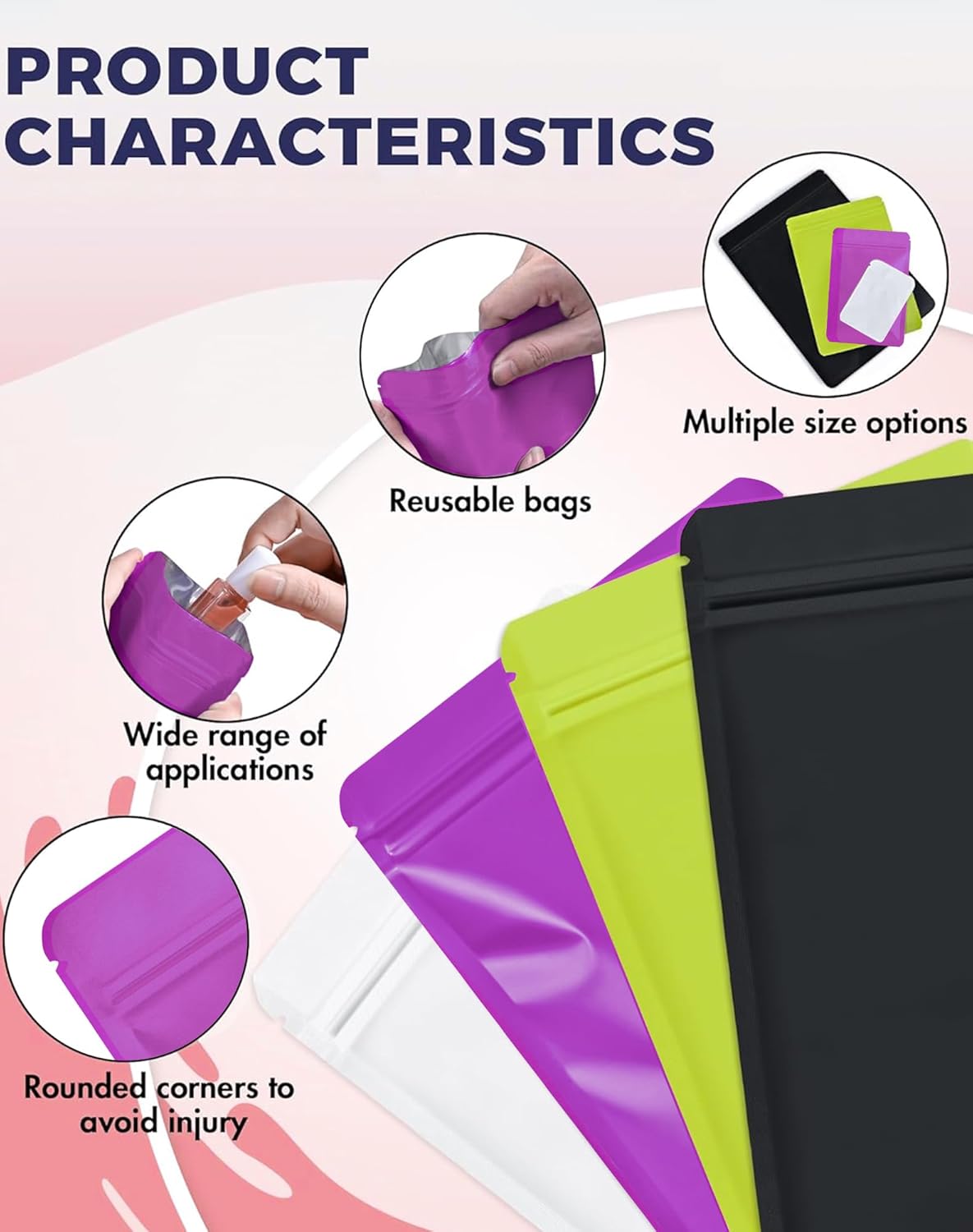 FireKylin 100 Pack Resealable Packaging Bags for Small Business Double-Sided Color Smell Proof Bags for Food Storage Flat Bag (Purple, 5.5" x 7.8")