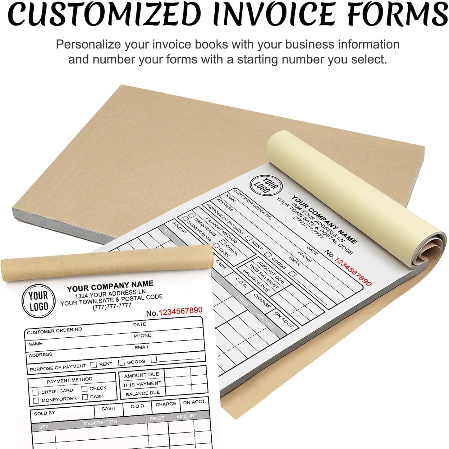 Custom Invoices Receipt Book for Small Business Personalized 2-Part Duplicate Carbonless Logo Receipt Books Sales Payment Forms with Company Name Address Phone Number 100 Sets 2.83" x 7"