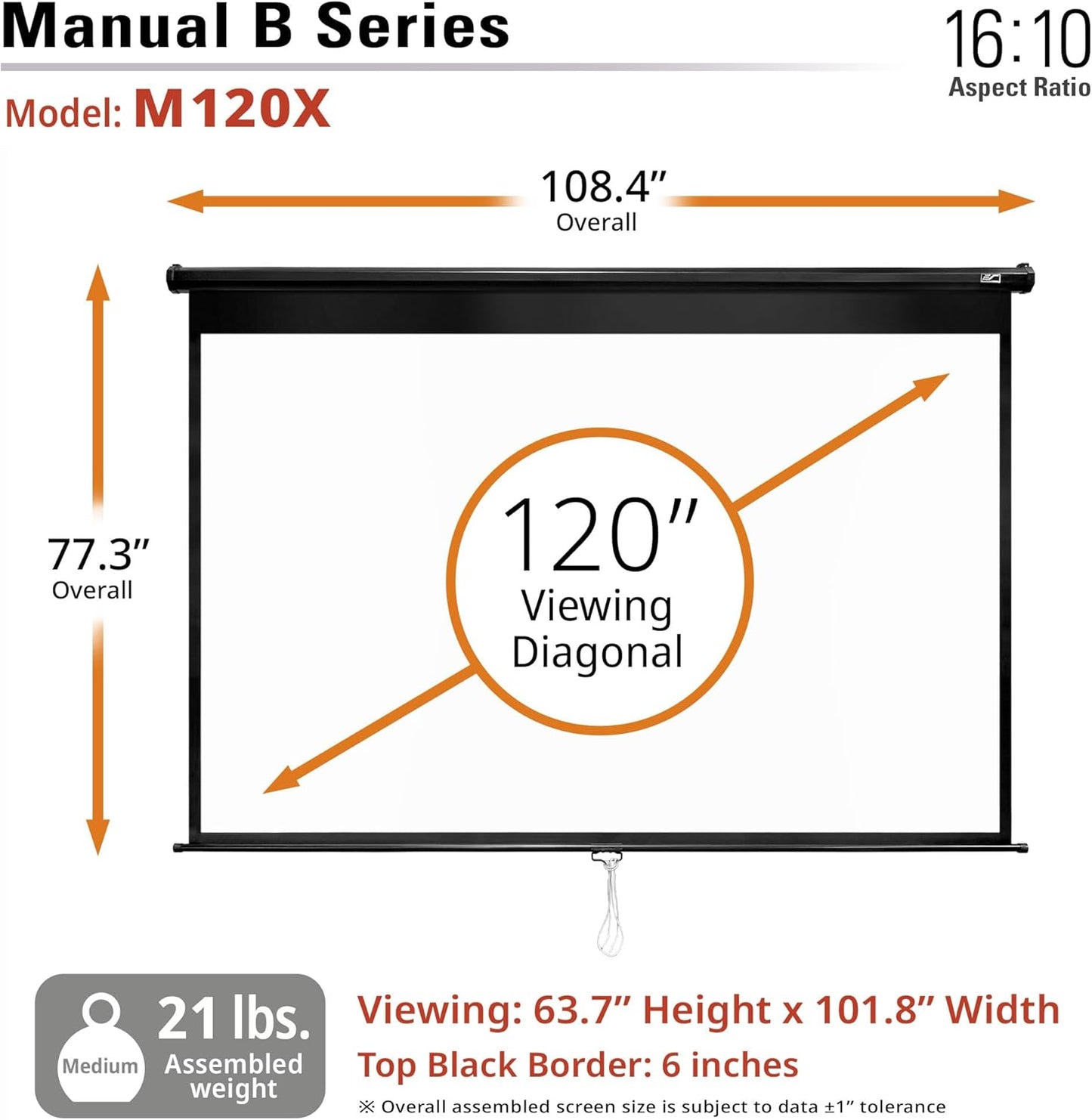 Elite Screens Manual B, 120-INCH, 16:10 aspect ratio, Manual Pull Down Projector Screen 4K / 8K Ultra HDR 3D Ready with Auto-Lock Mechanism, 2-YEAR WARRANTY, M120X
