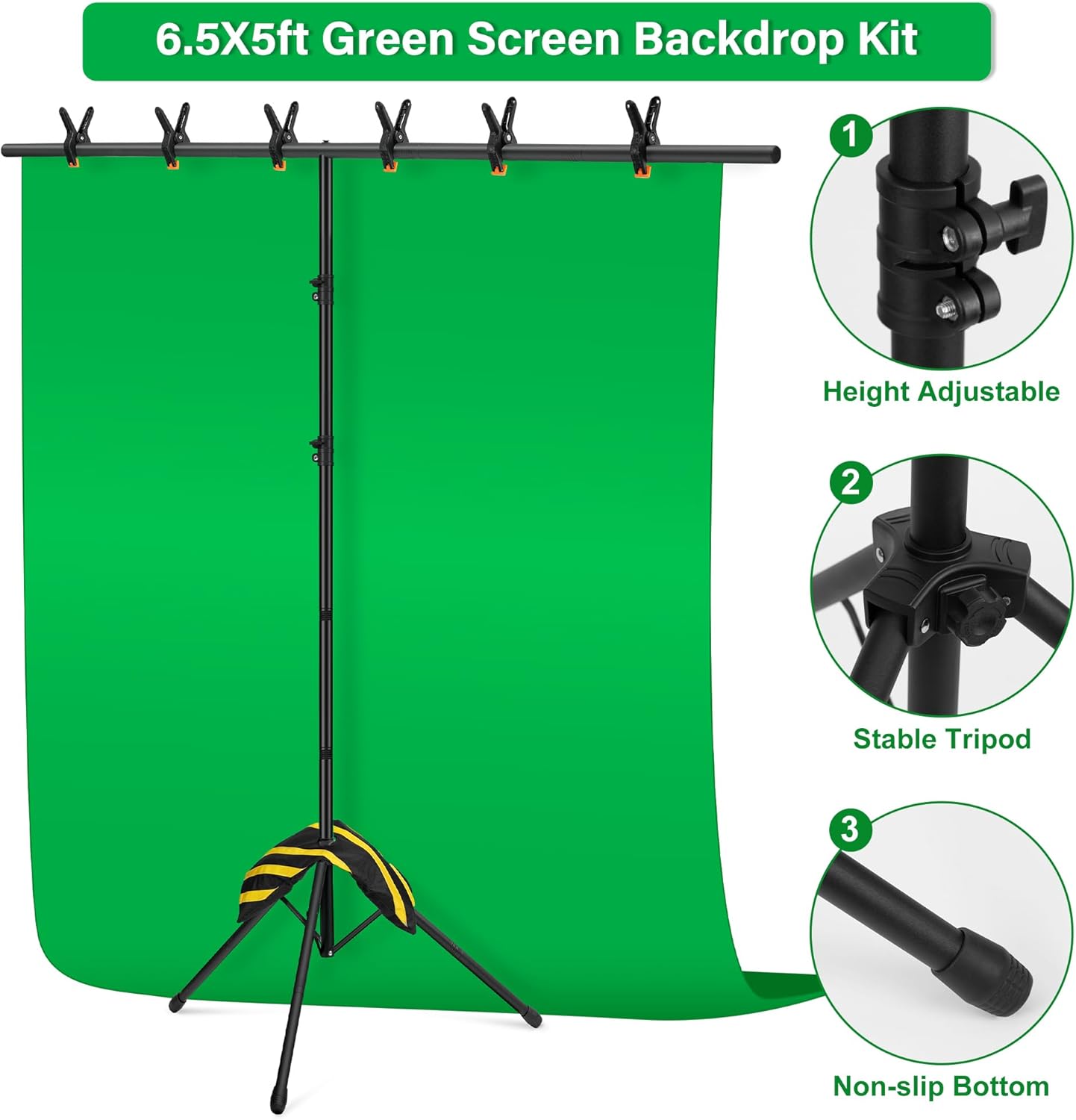 Green Screen Backdrop Kit 6.5X5ft,Portable greenscreen Background with Stand,Adjustable T-Shape Photo Backdrop Stand for Photography, Streaming,Video,Studio,Party,Zoom