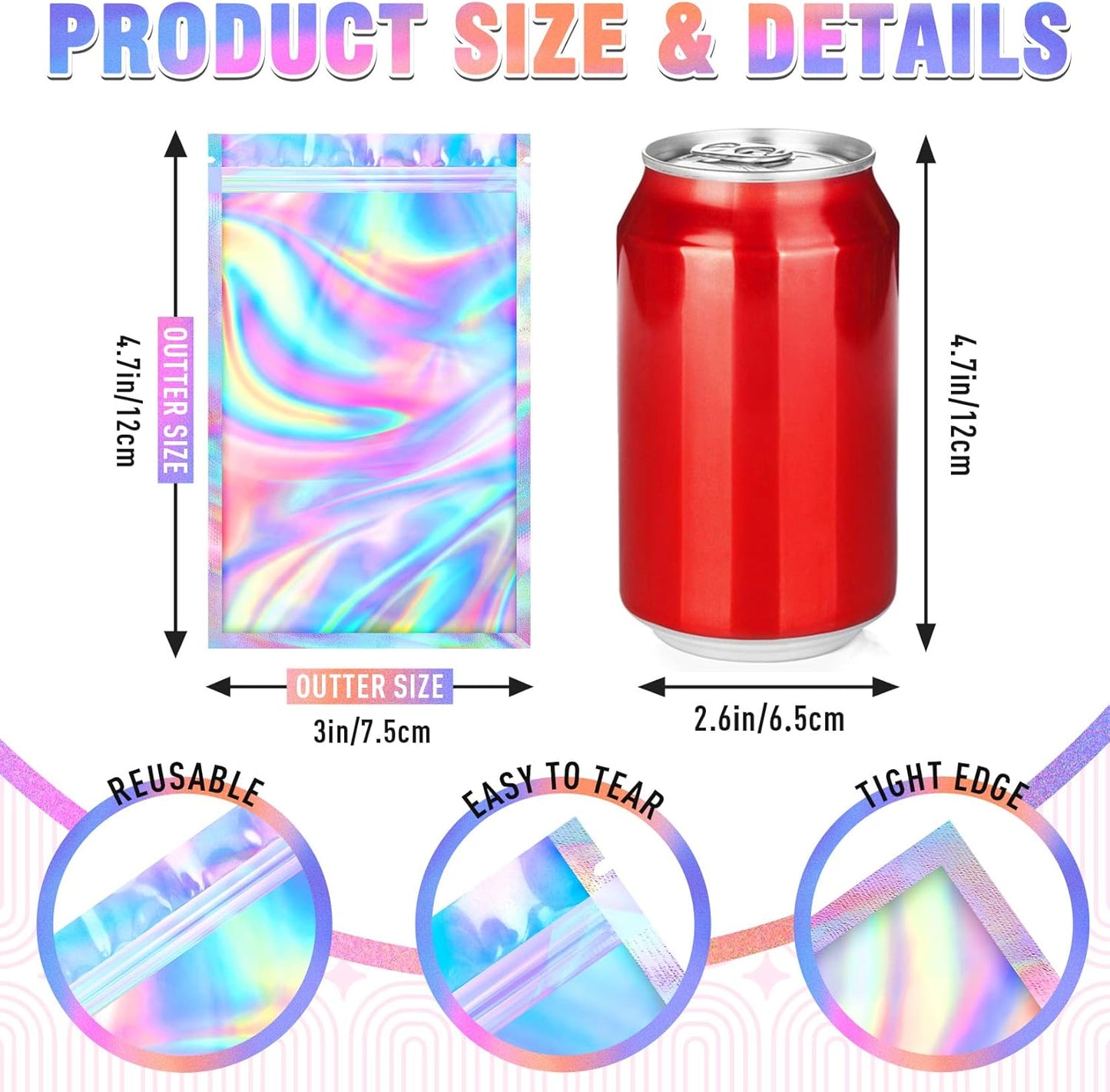 Mylar Bags, 100 PCS Holographic Bags, Smell Proof Bag with Clear Window, Resealable Bag for Small Business (3x4.7 Inch)