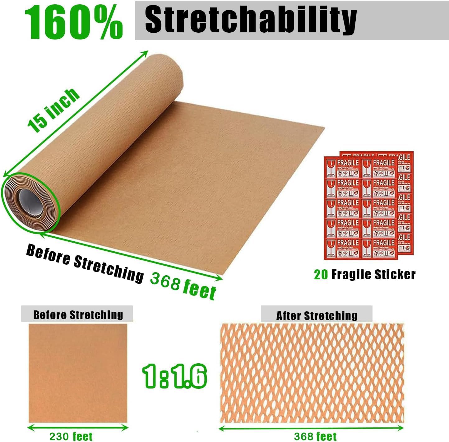 Honeycomb Packing Paper, 15"x230' Eco Friendly Packing Materials for Shipping Breakable Recyclable Moving Supplies Paper Bubble Wrap Sheets Roll with 20 Fragile Sticker Labels