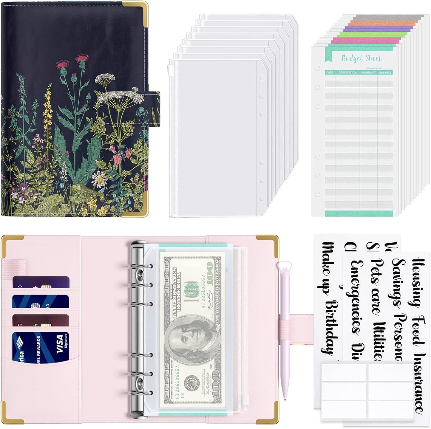 Rnivvi Budget Binder with Zipper Envelopes, A6 Money Saving Binder Cash Envelopes for Budgeting, PU Leather Planner Money Organizer for Cash Bills, Cute Floral System Wallet for Women, Black Flower