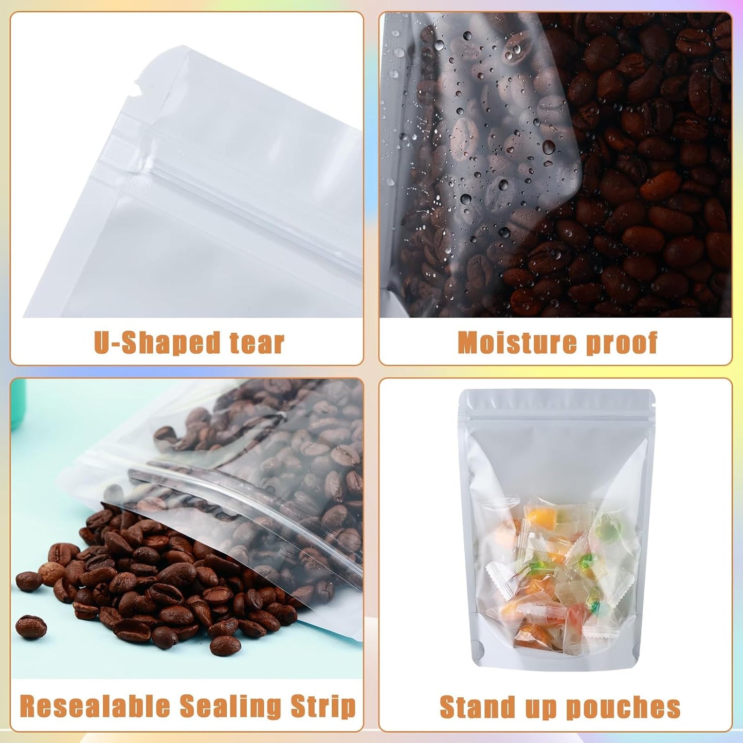 4X6 Resealable Bags 150 Pcs Mylar Bags for Food Storage Candy Packaging Mylar Bags with Window Reclosable Small Stand Up Pouches Edible Packaging for Small Business White