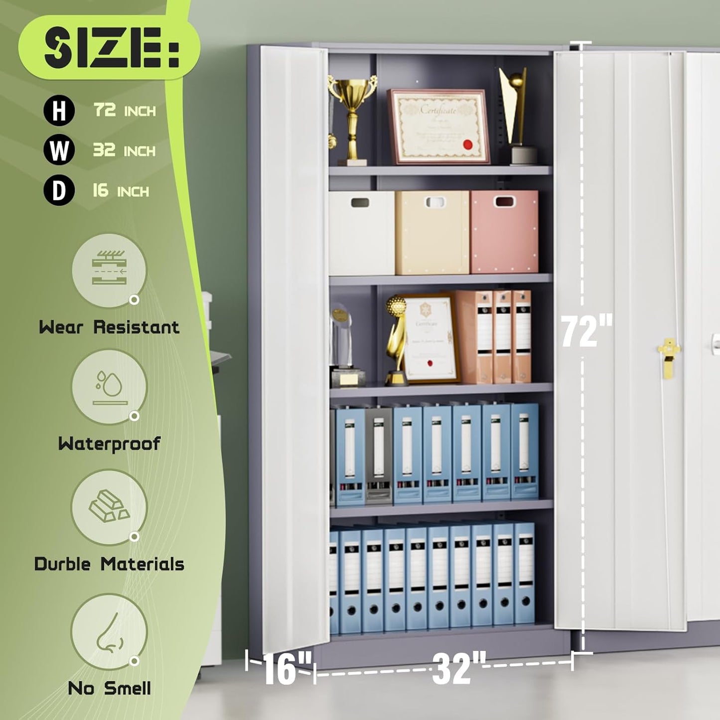 SUNCROWN 72" Metal Storage Cabinet - Heavy-Duty Metal Garage Cabinet with 4 Adjustable Shelves & 2 Doors for Tools, Office, Home, Workshop,Grey & White-Small