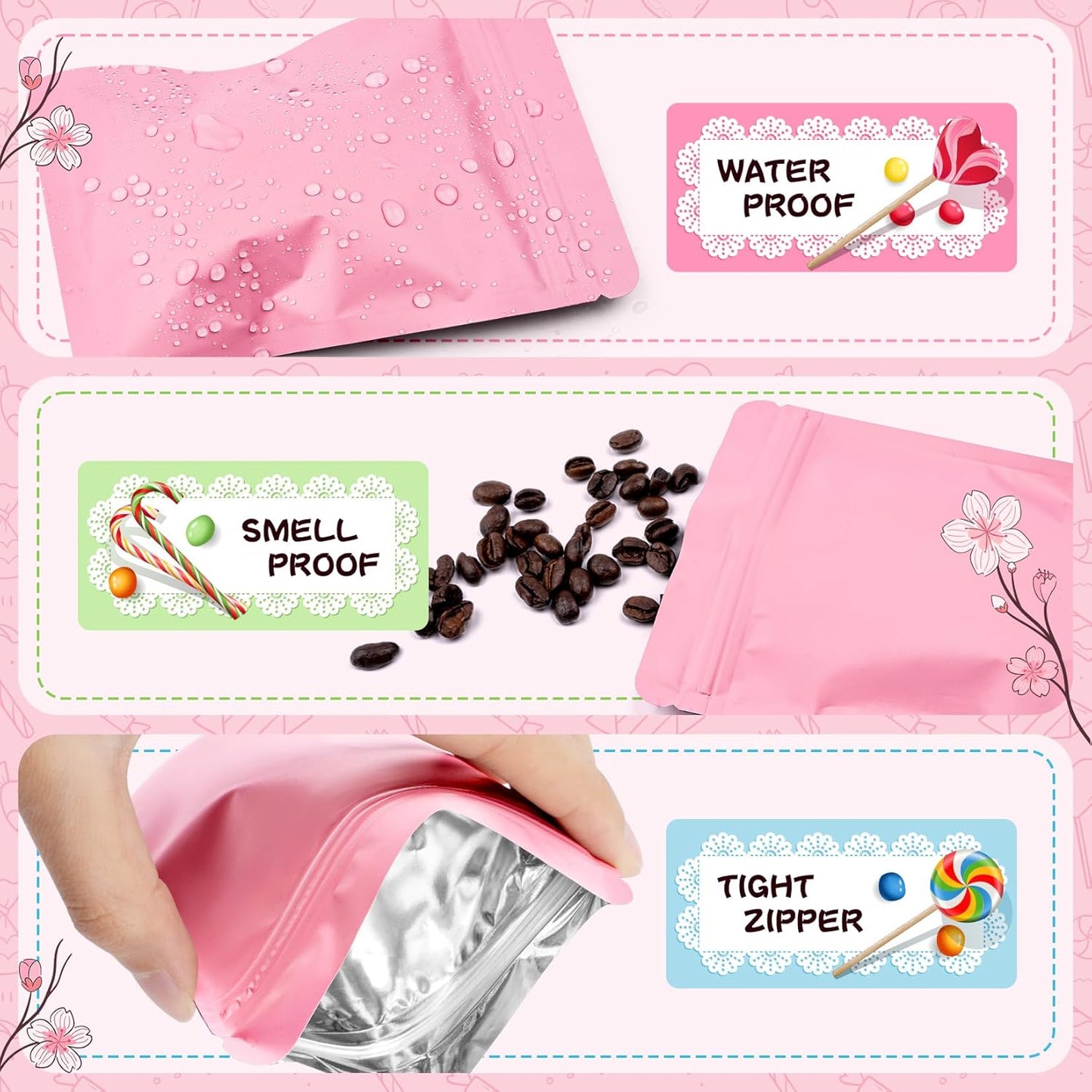 Funfery 100 Pack Pink Mylar Packaging Bags Resealable Bags Double Sided Color Odor Proof Pouch Baggies Smell Proof Foil Bag for Food Storage,Small Business(Pink,3x4inch)