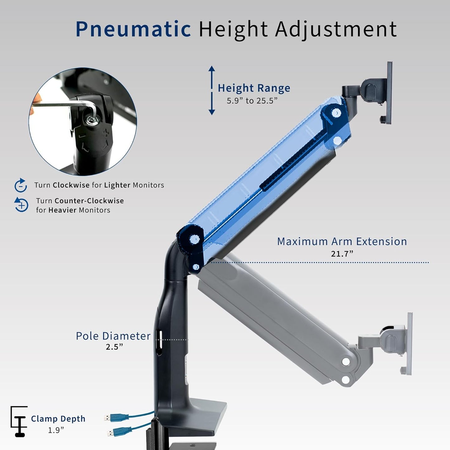 VIVO Aluminum Ultrawide Monitor Stand, Classic + USB, Fits up to 49 inch Screens, Single Articulating Pneumatic Arm, USB Ports, C-Clamp and Grommet Desk Mount, Max VESA 200x100, Black, STAND-V100HU