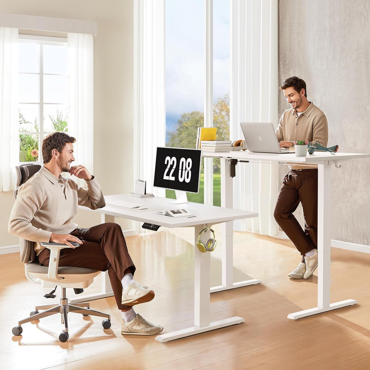 55x28 Inches Whole Piece Electric Standing Desk, Seamless One Piece Height Adjustable Sit to Stand up Desk for Home Office, Ergonomic Computer Workstation, White
