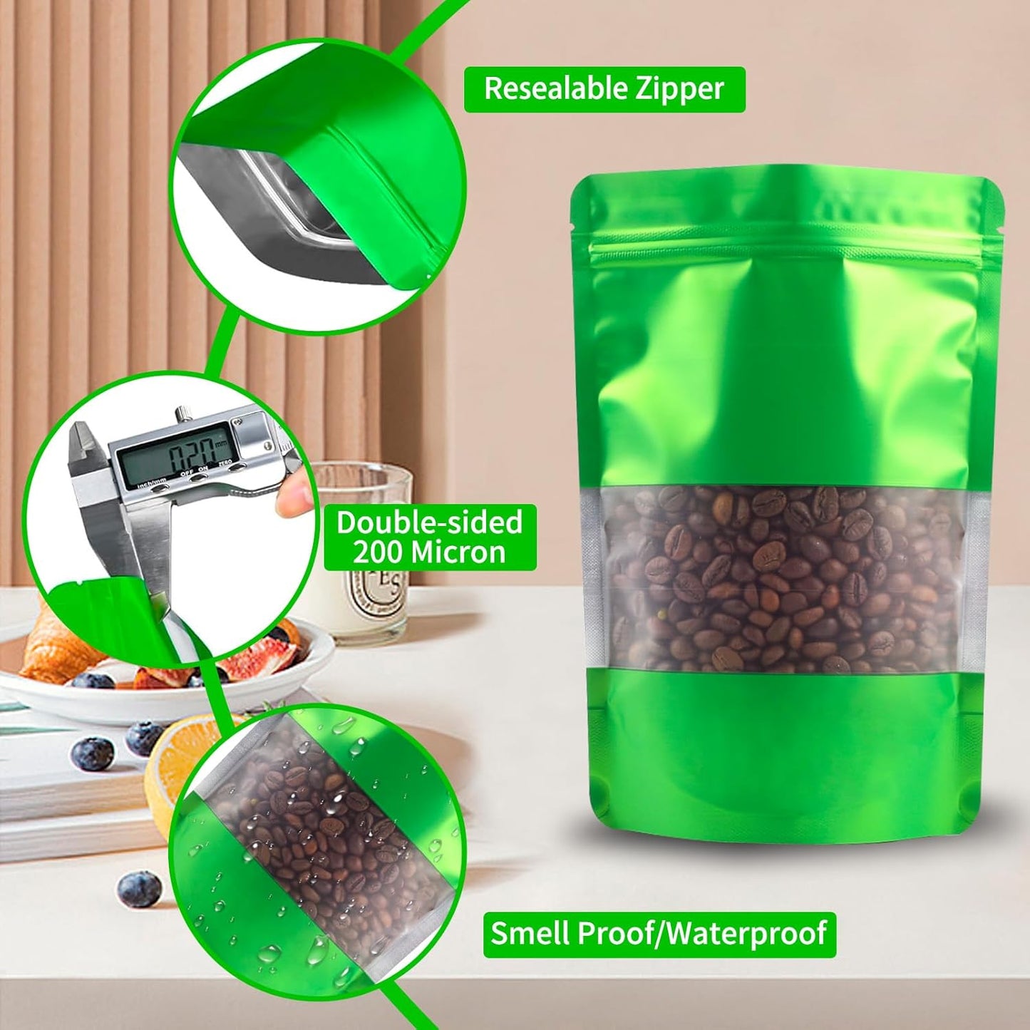 100 Pack Smell Proof Bags, Resealable Green Mylar Bags with Matte Window, Foil Pouch Stand Up Sealable Bags for Packaging, 5.9 × 8.66 Inch