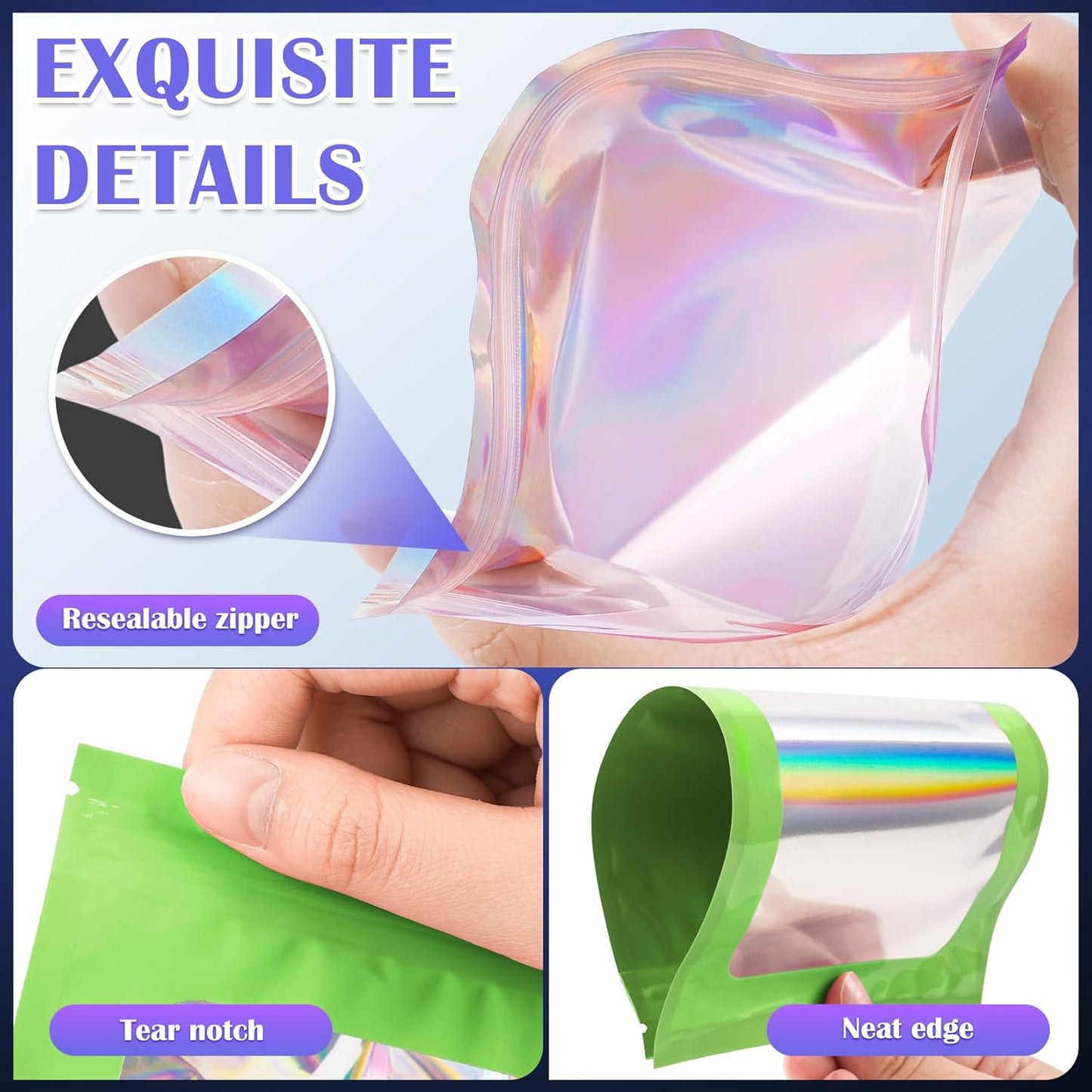 300 Pcs Mylar Bags, Smell Proof Bags Foil Pouch, Holographic Resealable Bags for Small Business, Candy Sample Jewelry Bag Sealable Packaging for Party Favor Food Storage (5.5x7.9in-Green)