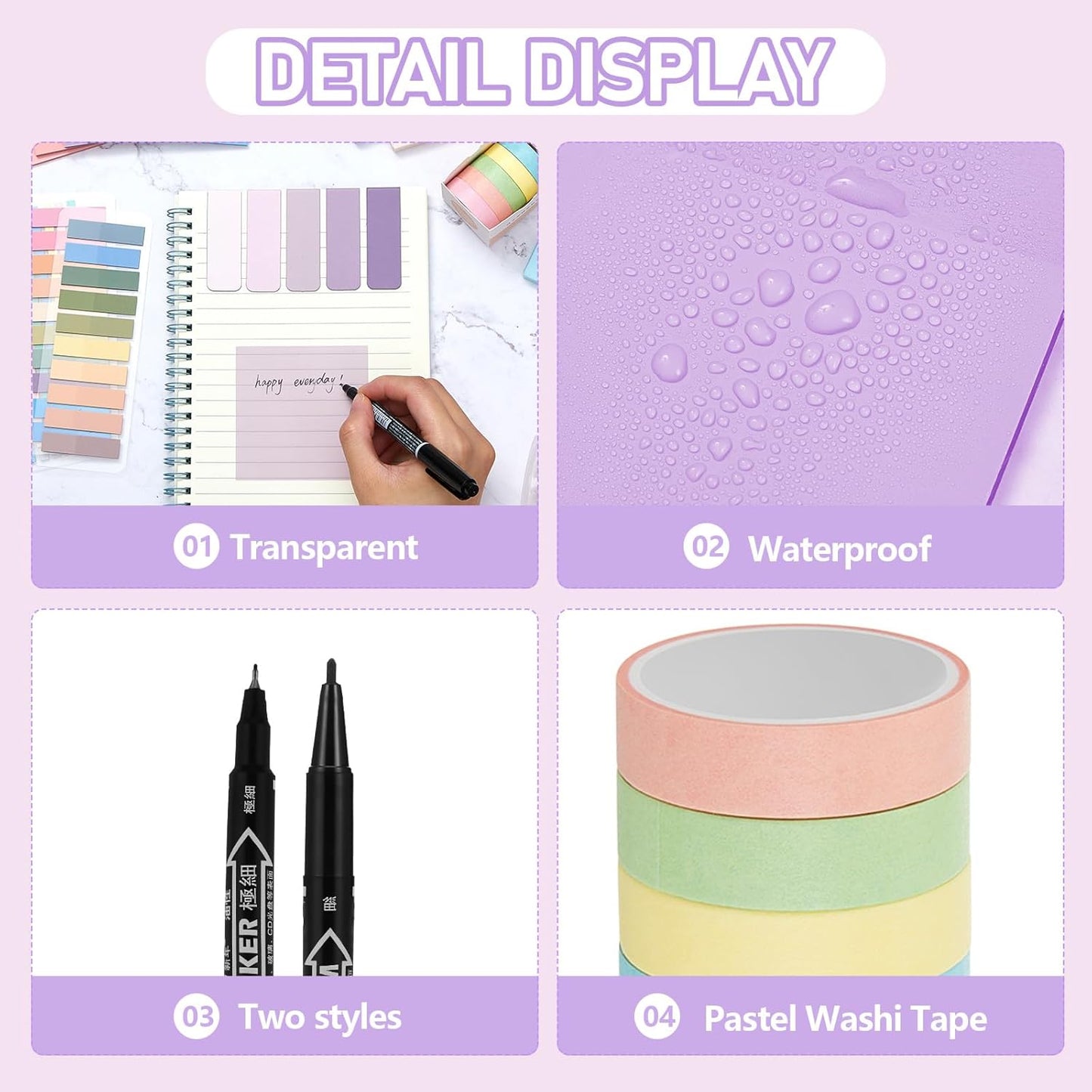 60 Pcs Aesthetic Book Annotation Kit School Supplies Cute Pencil Case with Highlighter Gel Pen Mechanical Pencil Magnetic Bookmarks Transparent Sticky Note Tabs Student Stationary(Purple)