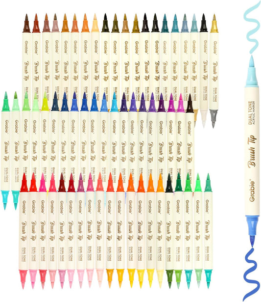 Grabie 120 Colors Dual Tone Brush Tip Acrylic Markers, Dual-Color Paint Markers with 60 Brush Tips, Double Tipped Acrylic Paint Pens for Fabric, Canvas,DIY, Canvas Art Supplies, Set of 60
