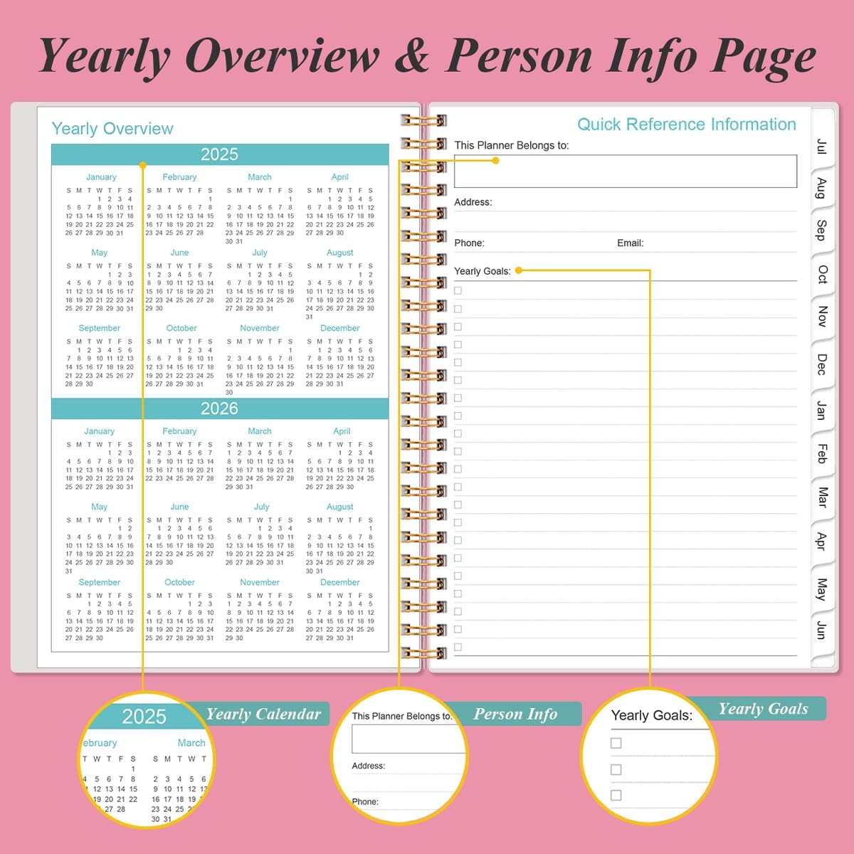 2025-2026 Monthly Planner - July 2025 - December 2026, Two Pages Per Month, 18 Monthly Calendar/Planner with Tabs, Strong Twin-Wire Binding, Inner Pocket, 6.4" x 8.5", Pink