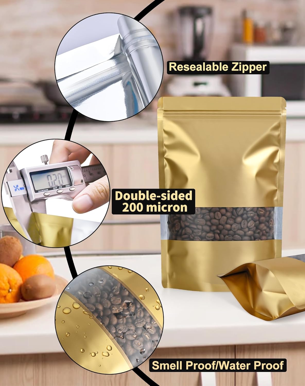 FireKylin 100 Pack Smell Proof Bags 6.3" x 9.4", Resealable Bags with Matte Window, Foil Pouch Stand Up Sealable Bags for Packaging(Gold)