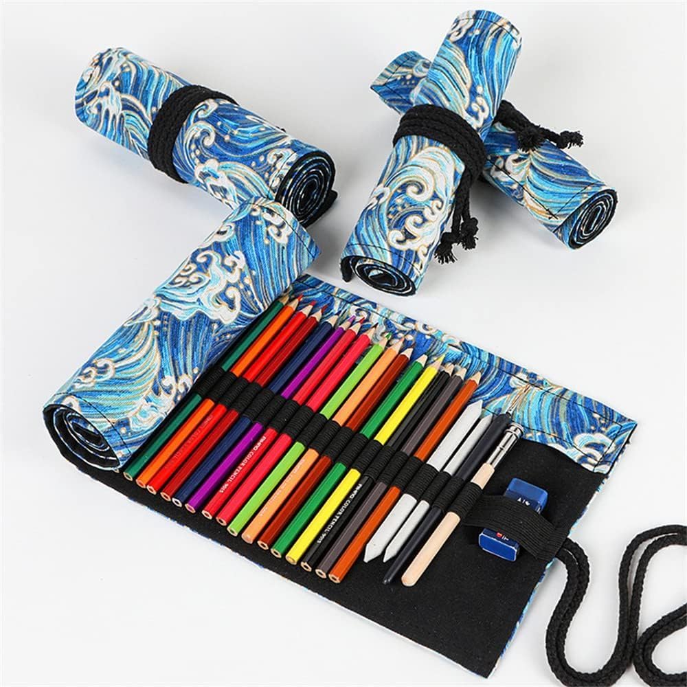 DIYOMR 12/24/36/72 Slots Pencil Wrap Pencil Rolls，Artist Colored Pencils Roll Up Bag Short Brushes Pouch Case Pencils Organizer Drawing Coloring & Sketching，No Pencils (Blue Ocean，12slots) (PCD1098)