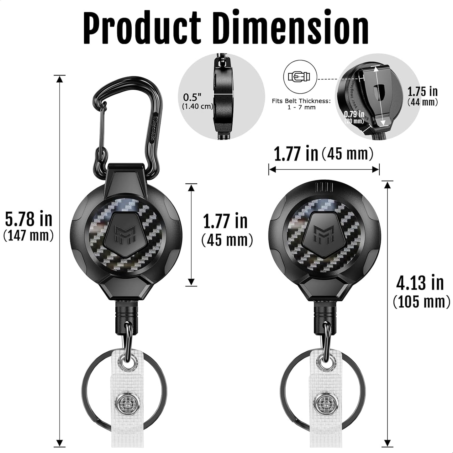 MNGARISTA Upgraded Heavy Duty Retractable Keychain, Belt Clip Ver. & Carabiner Ver., 10 oz Retraction, 31.5" Stainless Steel Cable, 3K Carbon Fiber Tactical ID Badge Reel Key Chain Retractor, 2 Pack