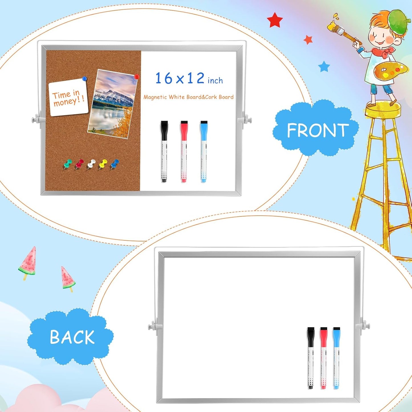 Bulletin Board White Board Combo Large Corkboard Whiteboard Combo 16'' x 12'' Dry Erase Magnetic Desktop Corkboard Whiteboard for Home College Office Gifts