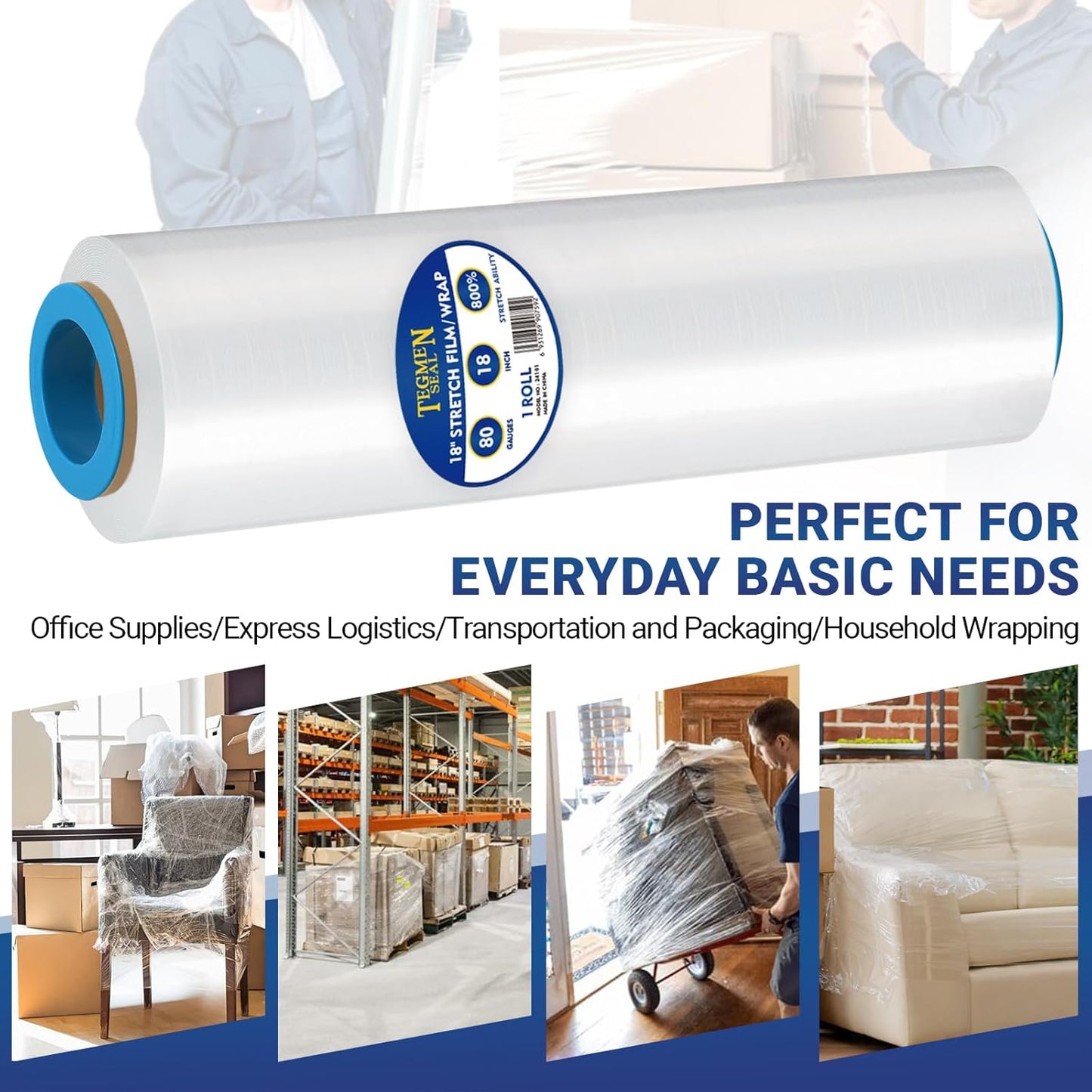 1-Pack 18" Stretch Wrap Rolls - 80 Gauge Industrial Strength Clear Film, 1200ft Length with Plastic Handle Option - Heavy Duty Self-Adhering for Moving, Shipping, Pallet Packing