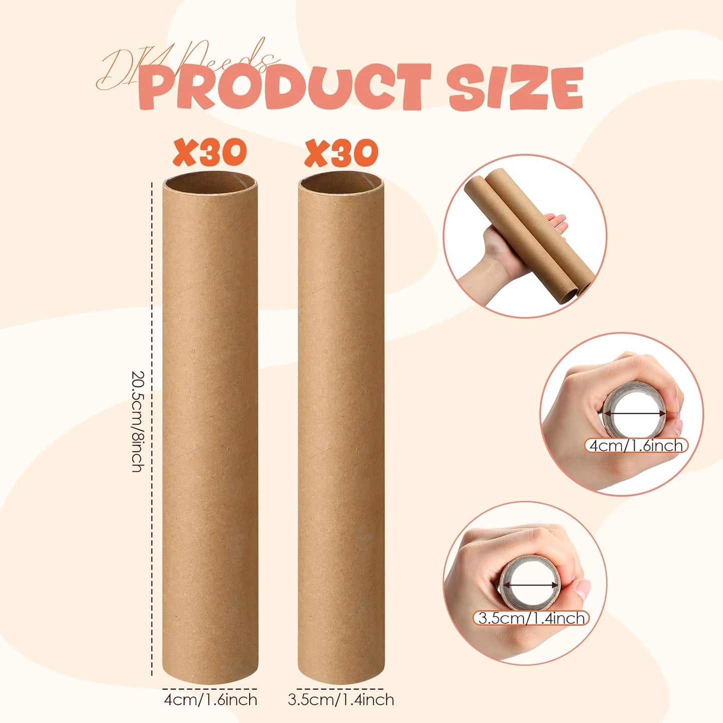 MotiMind 60 Pcs Cardboard Tubes for Craft 2 Size Empty Paper Towel Rolls Cardboard Toilet Paper Tubes Bulk for Classroom DIY Projects(Cowhide,1.4 x 8 Inch, 1.6 x 8 Inch)