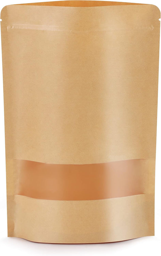 100pcs Kraft Bags with Window 3.5x5.5 Inches Brown Reusable Sealable Zip Lock Food Storage Stand up Paper Pouches for Home or Business