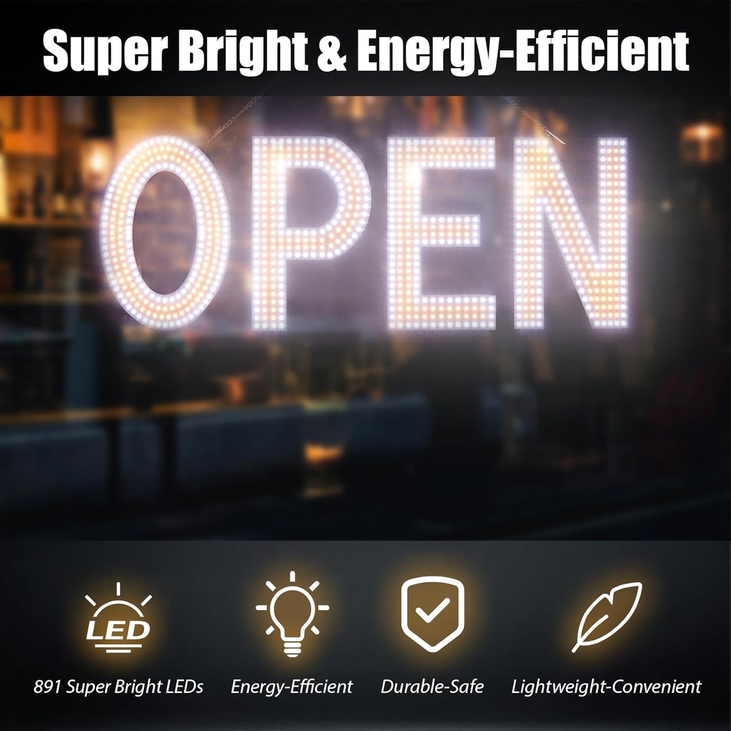 Open Sign for Business, 40"x14" Dimmable Large LED Open Signs with Hanging Installation for Cafes Store Restaurant Office Bar Pubs Hotel Salon Warm White