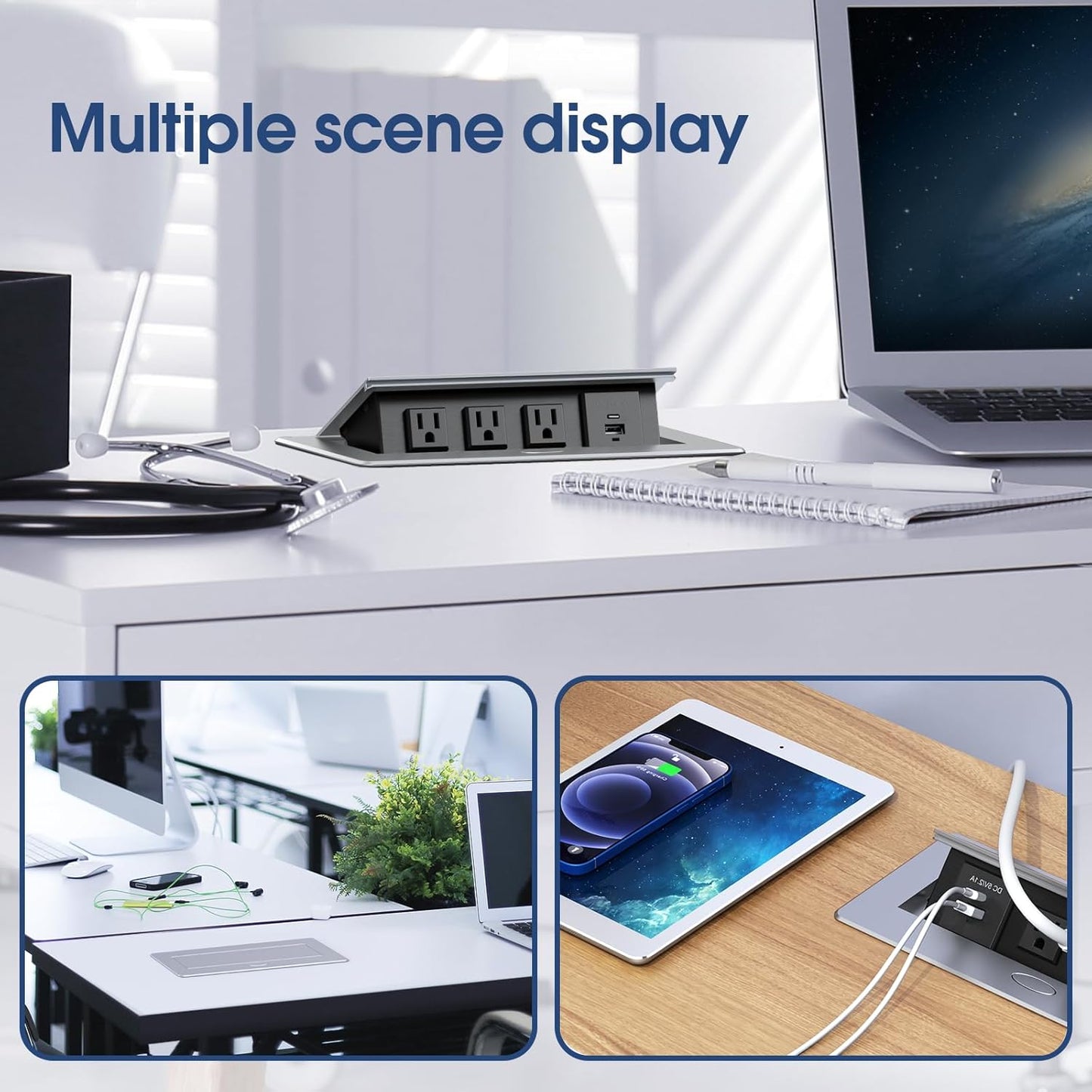 KYHSHJ Connection Box Desktop Pop Up Outlet with 3 * 15A Receptacle，2.1A 1 USB-A Ports &1 USB-C Port，Corrosive Resistant Hardware,Silver