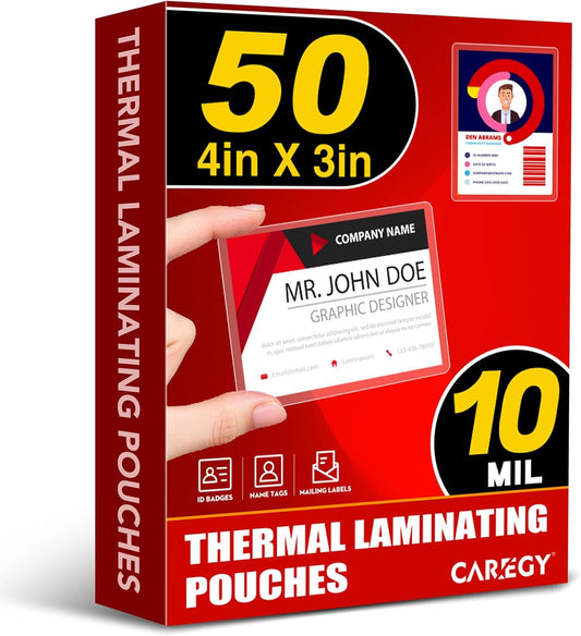 CAREGY 50 Count Thermal Laminating Pouches, 10 Mil, 4x3 Inch Laminate Business Cards, Round Corner, Ideal Office or School Supplies