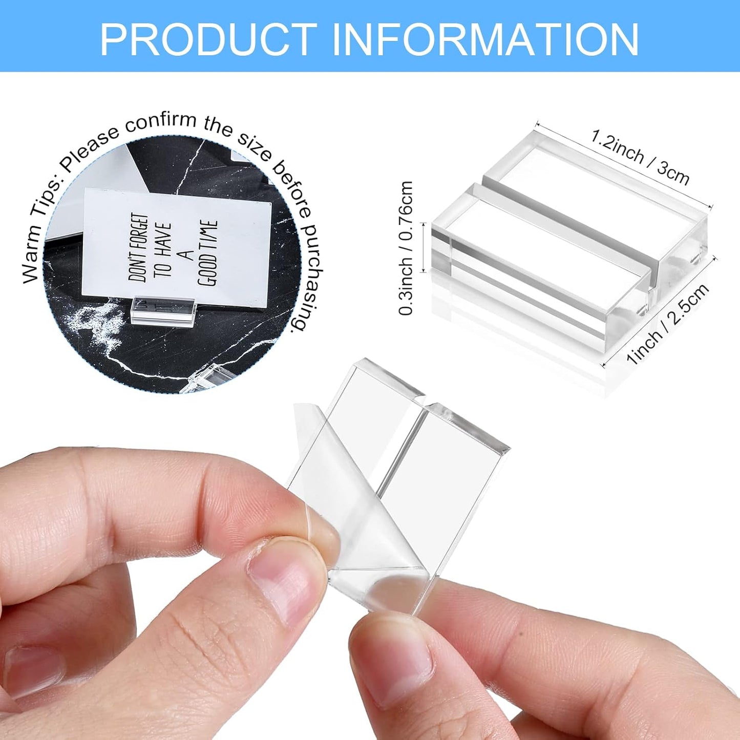 Yalikop Acrylic Place Card Holders 1.2 Inch Name Card Holder Stands Clear Table Number Stands Wedding Sign Holders Display Stand for Table Wedding Photos Office Menu Meeting(12 Pieces)