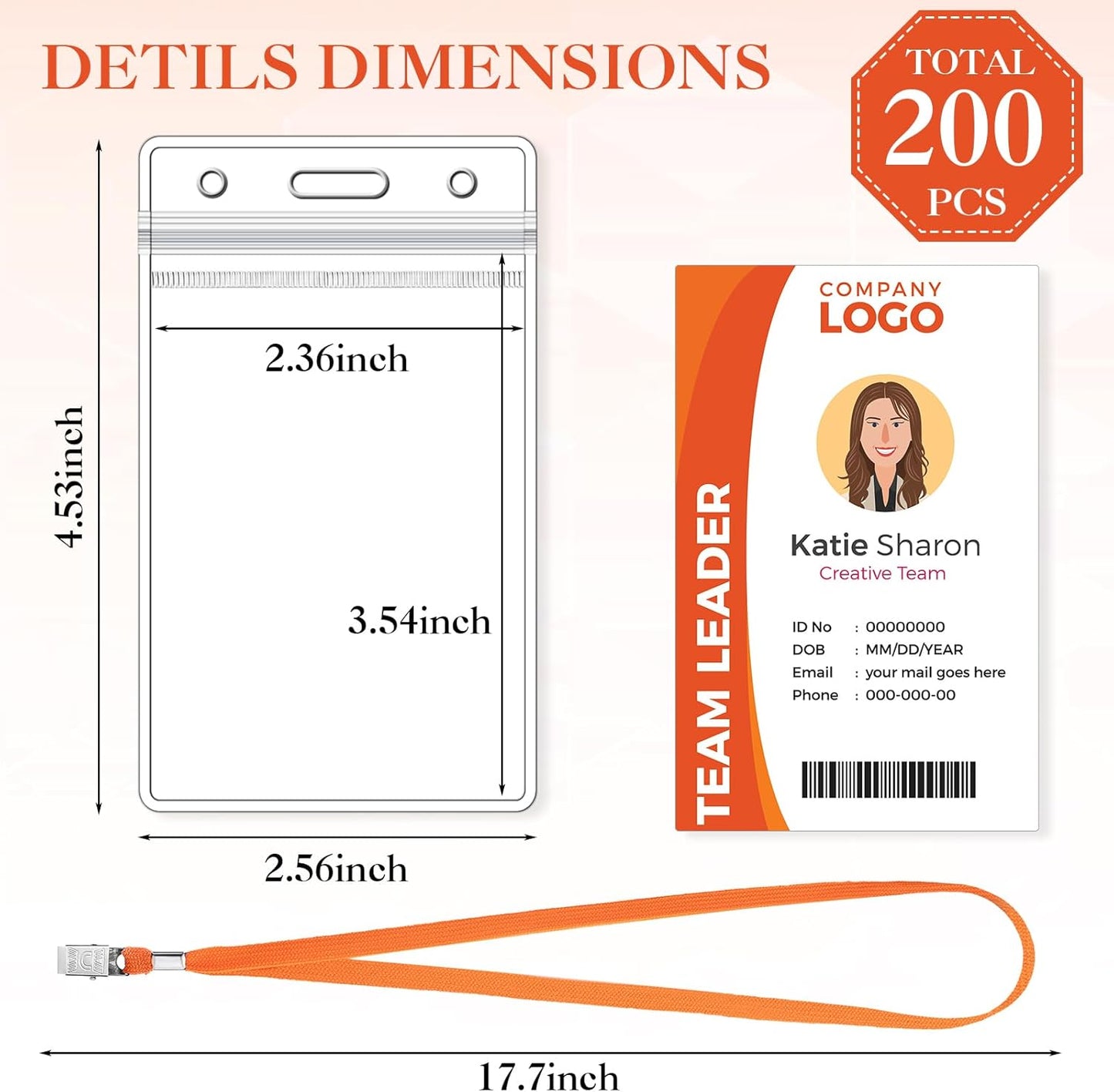 Marspark 200 Pcs Name Tag Lanyards with ID Holder Lanyards for ID Badges Resealable Flat Neck Name Tag with Clip Waterproof Plastic Clear Badges Bulk for School Office Supplies (Orange)