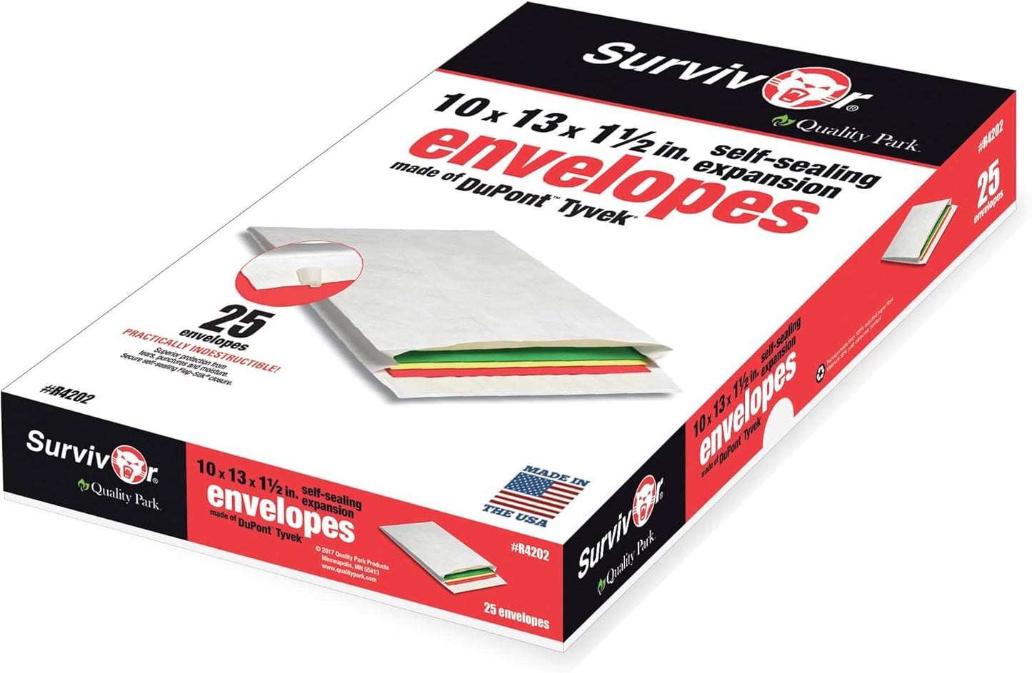 Quality Park Survivor Lightweight 14 lb Tyvek Open End 1.5" Expansion Mailers, 13 1/2, Square Flap, Redi-Strip Closure, 10 x 13, White, 25/Box