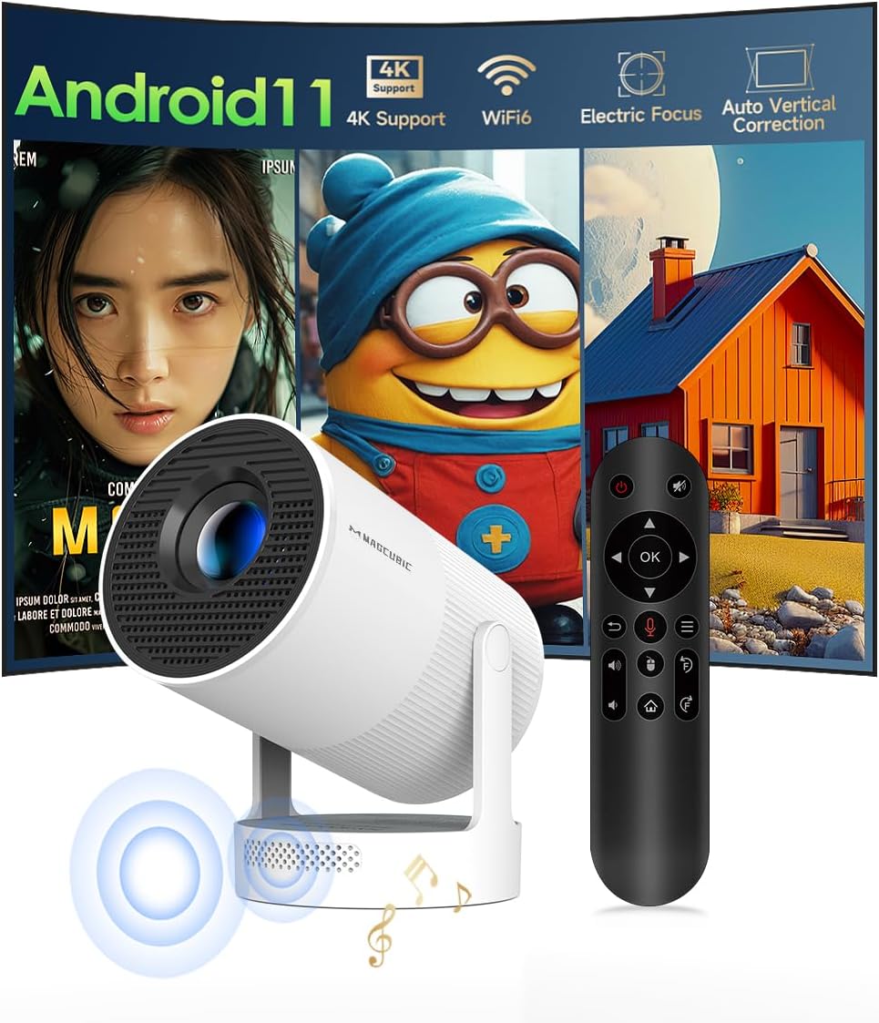【Electric Focus】Magcubic Mini Projector 4K Support, Portable Projector with WiFi 6 and Bluetooth 5.4, Smart Proyector, 5W Soundbase Speaker, 180° Rotation for Home Theater HY300 Ultra