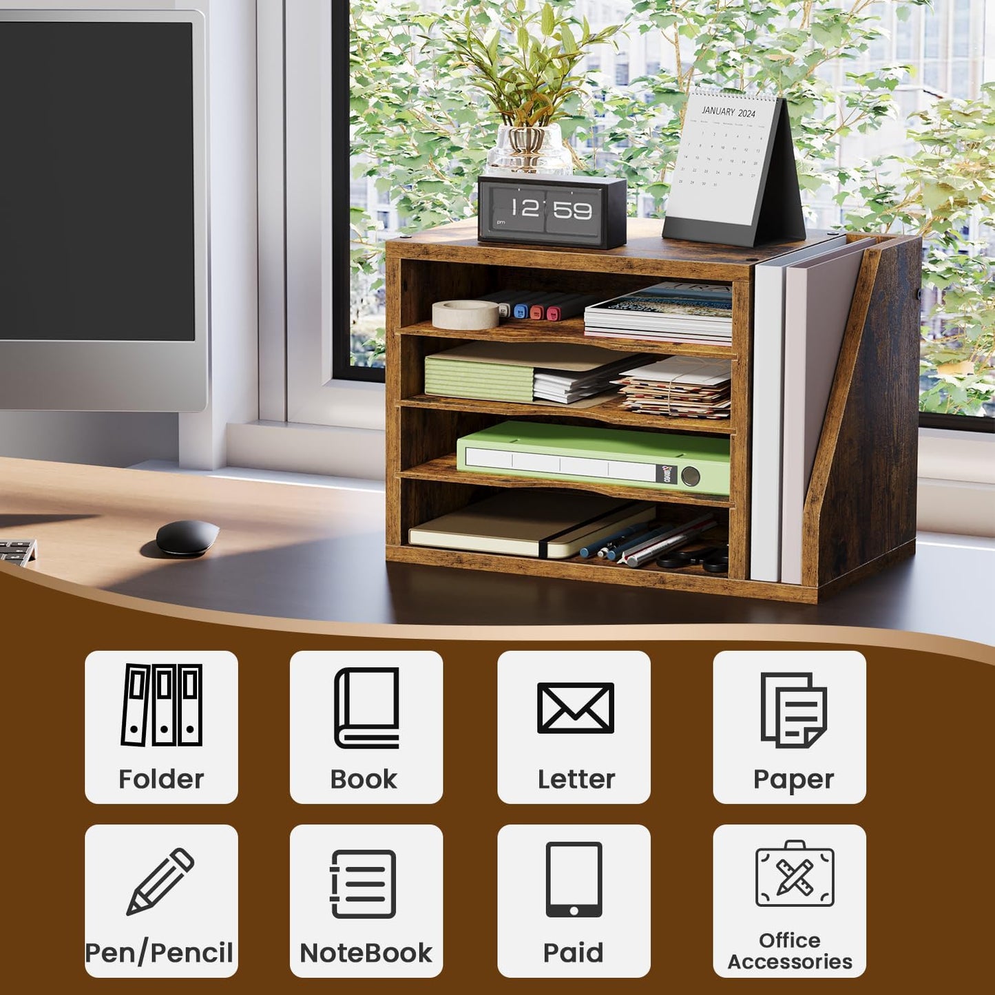 File Organizer Desktop, Wood Desk Organizer with 3 Adjustable Shelves, Mail Paper Sorter for Office, Home, File Holders for Envelopes, Mail Supplies or Magazines, Rustic Brown