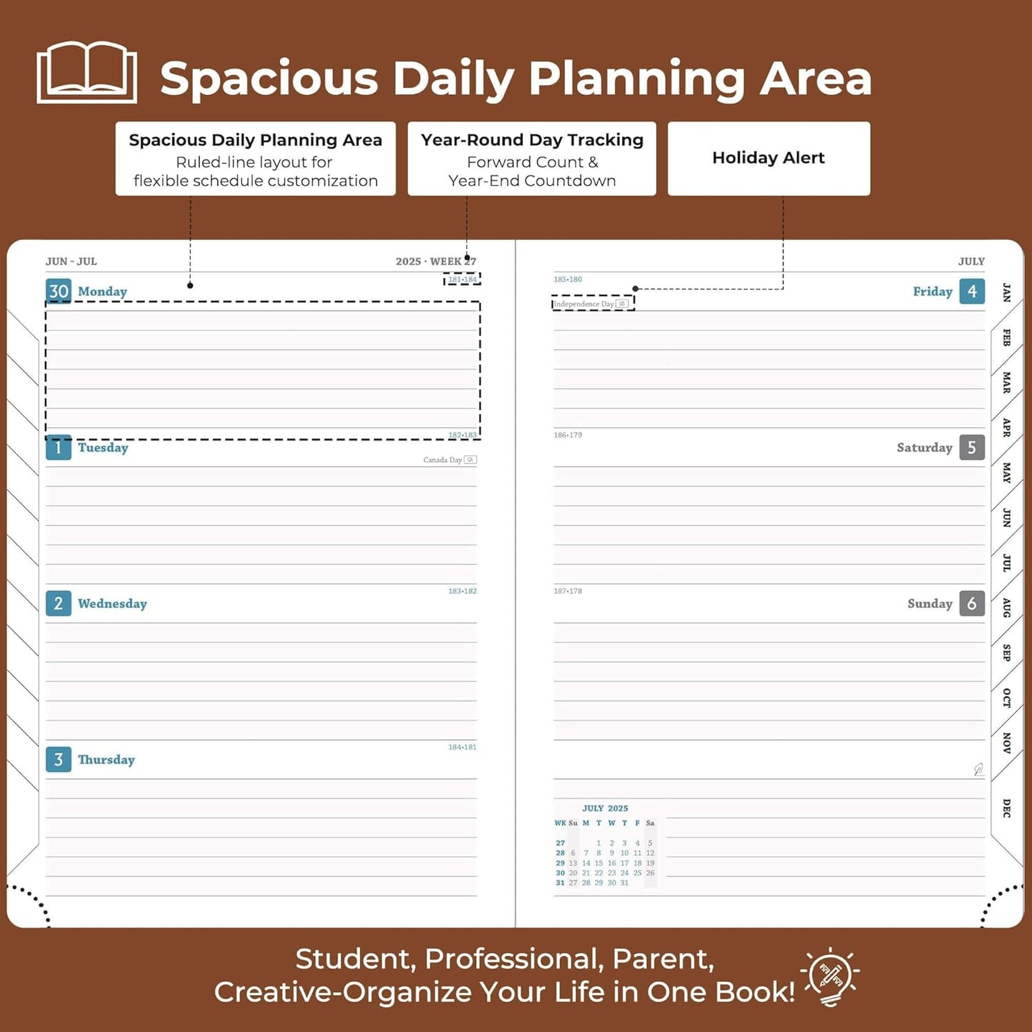 Planner 2025-2026 Daily Weekly and Monthly,8.5"x6.5",18 Months Spiral Bound Calendar Agenda with Self-adhesive Pen Holder,2026 Academic Plan with Vegan Leather Soft Cover,Brown