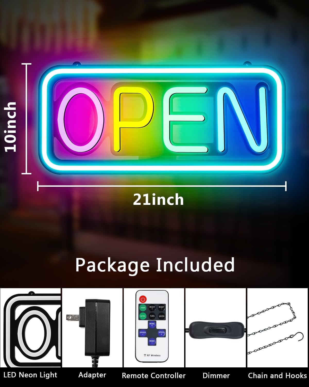 22" X 10" LED Neon Open Sign for Businesses – Ultra-Bright, Remote Control, Color Changing & Scrolling Modes | Adjustable Brightness/Speed | Energy-Efficient Light-Up Sign