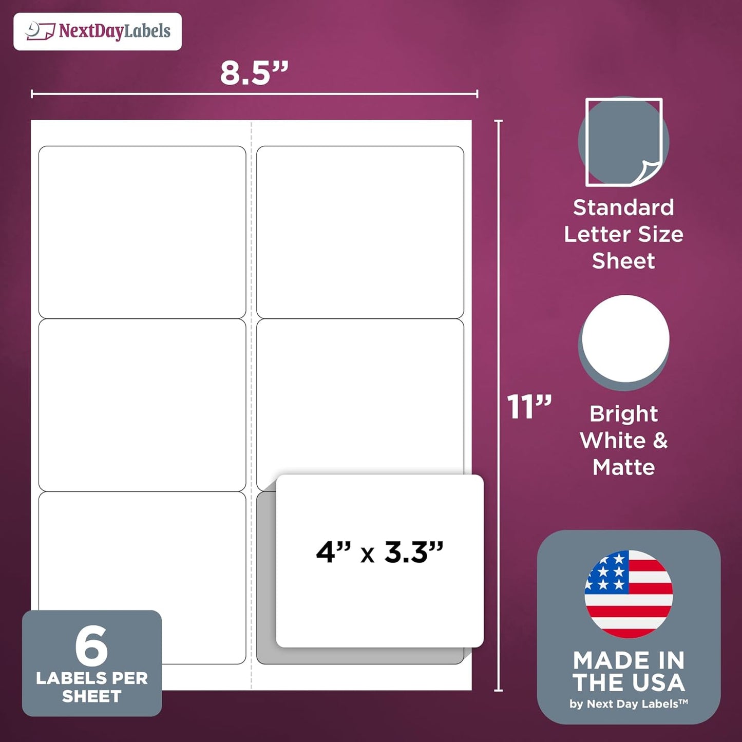 NextDayLabels – 4" x 3-1/3" Rectangular Sticker Labels for Printer - White Laser/Inkjet Printer Labels Return Address Labels Shipping Label Stickers (1000 Sheets, 6 Per Sheet, 6000 Labels)