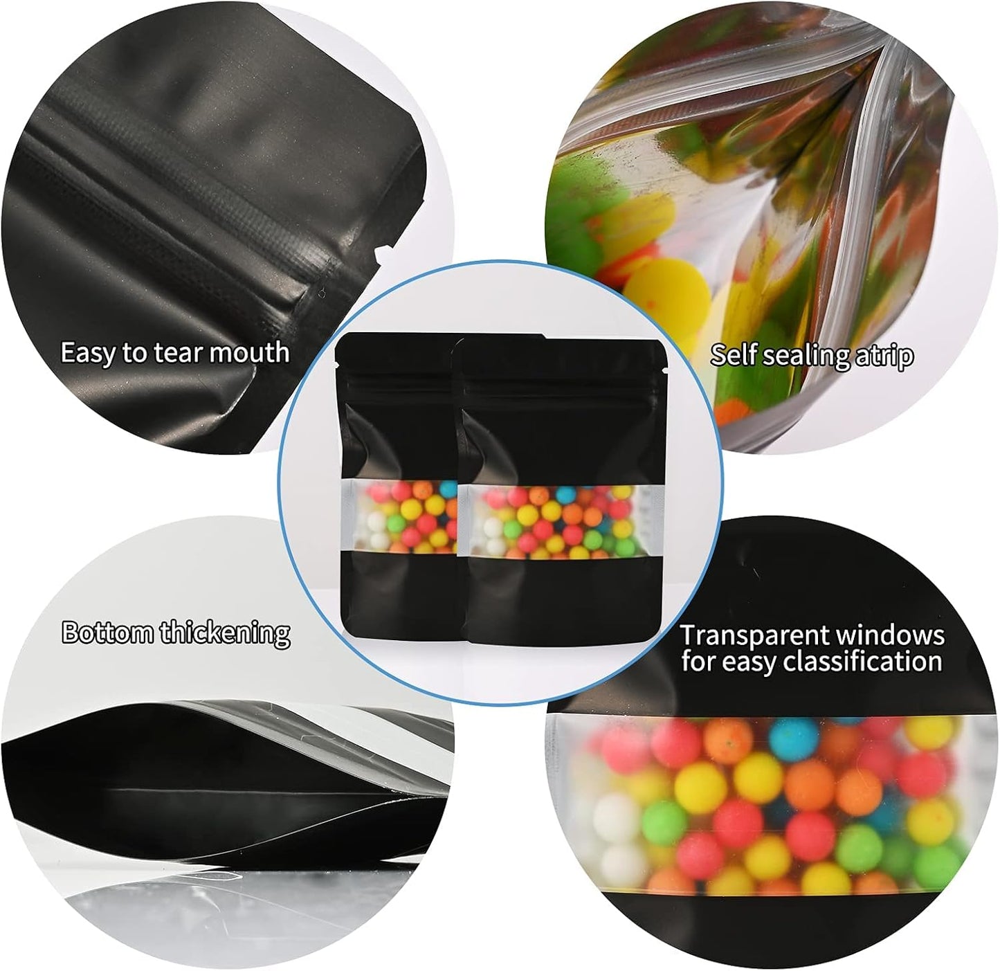 100 Pieces Smell Proof Mylar Resealable Food Storage Bags With Clear Window, Foil Pouch Stand-up for Self Sealing Supplies (Black, 5.3 x 7.8 Inch)