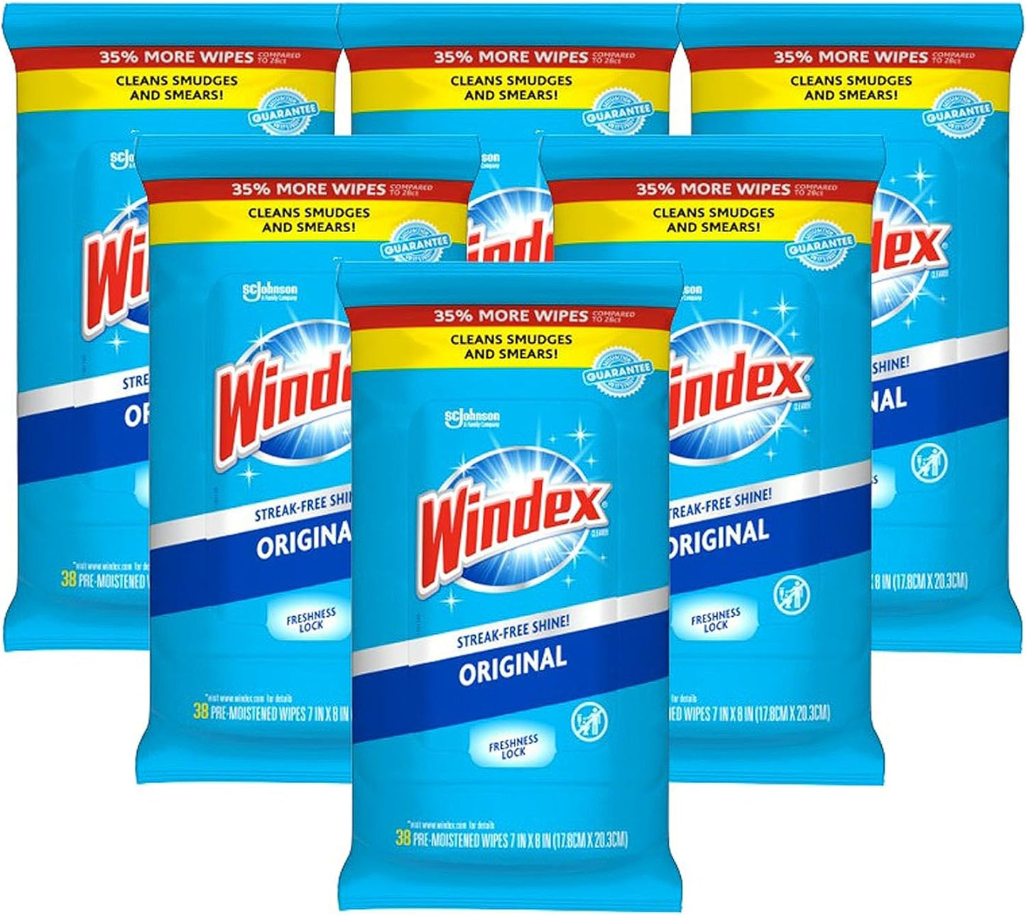 Windex Glass Cleaning Wipes, Pre-Moistened Glass and Surface Wipes to Clean Home Surfaces, Household Essentials, Original Scent, 38 Count (Pack of 6)