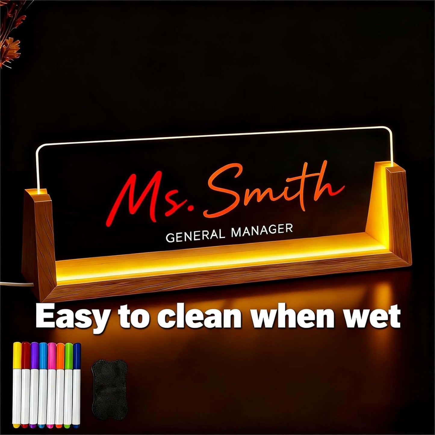 DIY Light Up Name Plate for Desk (7 Colors), Acrylic Name Plate Desk Decorations with 8 Markers