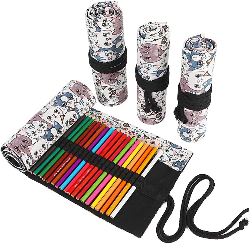 DIYOMR 24/36/72 Slots Pencil Wrap Pencil Rolls, Artist Colored Pencils Roll Up Bag Short Brushes Pouch Case Pencils Organizer for Drawing Coloring and Sketching (Big Headed Cat, 36slots)