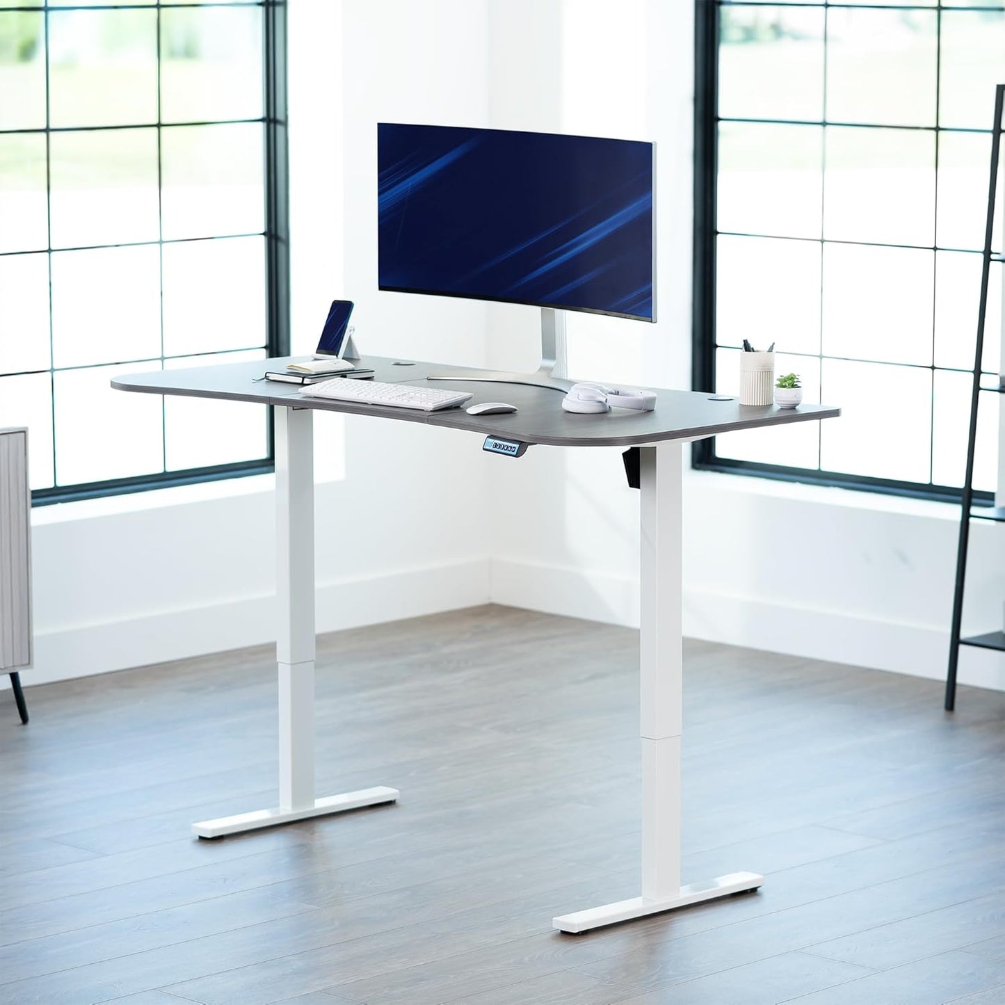 VIVO Electric 63 x 32 in Standing Desk, Memory Height Adjustment, 1B Series, Dark Gray Top White Frame, DESK-KIT-1W1G