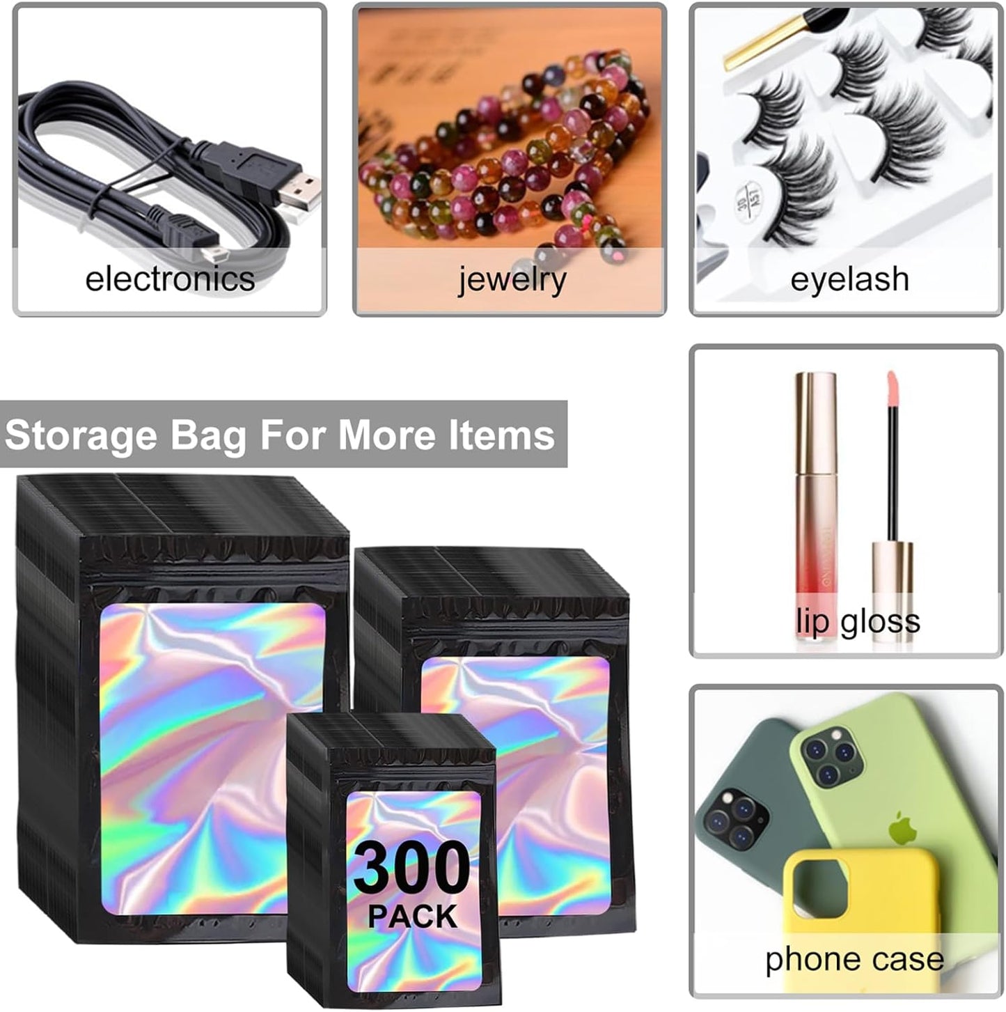 300 Pack 3 Sizes Resealable Mylar Holographic Bags Food Storage Smell Proof Bags with Front Window Packaging Pouch for Sample Snack Cookies Jewelry (Black, 3 x 4.7 inch,4 x 6 inch,4.7 x 7.9 inch)