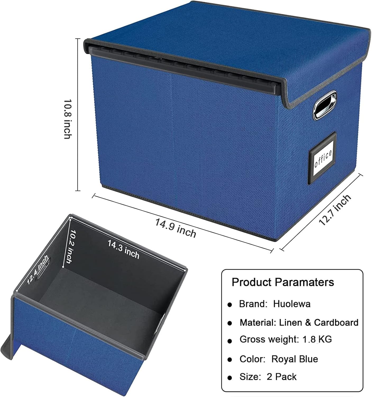 Huolewa Decorative File Organizer Boxes Office Document Storage with Lids, Portable Collapsible Linen Hanging Filing & Storage Boxes for Office/Decor/Home (Royal Blue) -14.9 x 12.7 x 10.8 inch -2 Pack