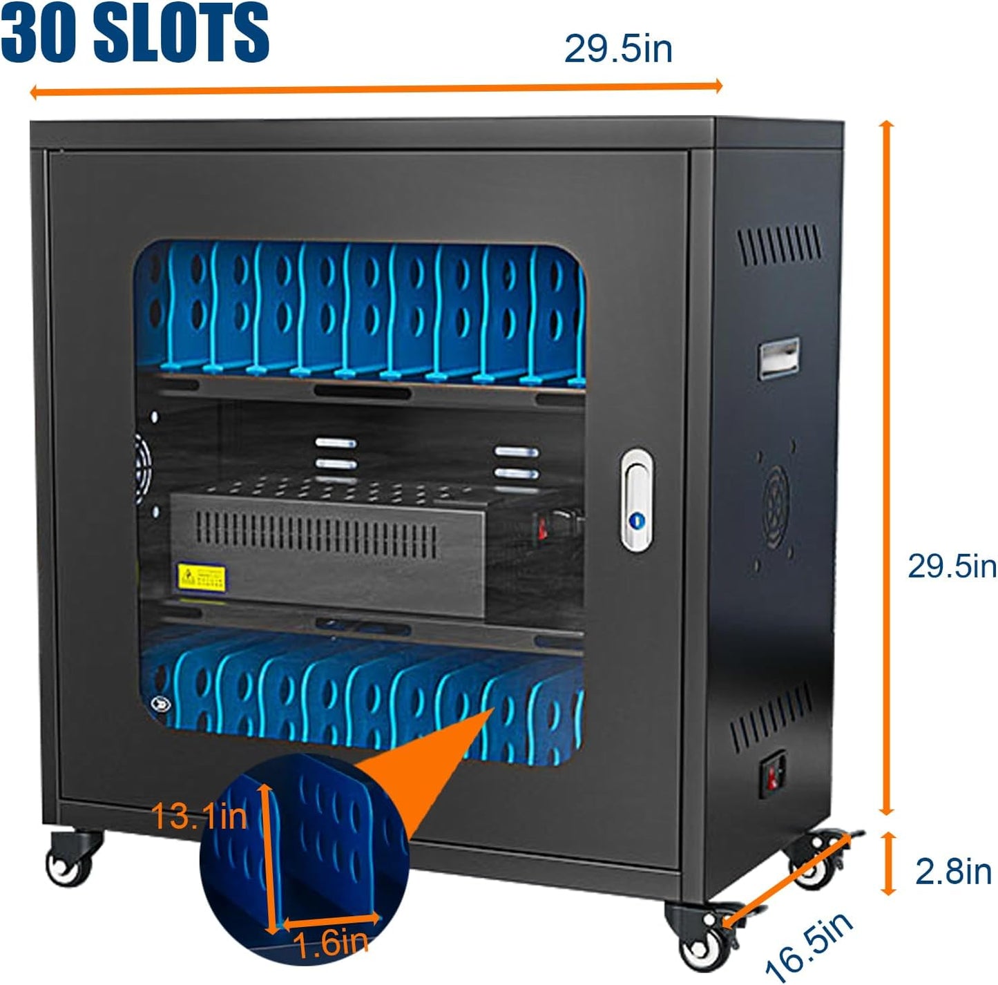 Cell Phone Fully Assembled Charging Storage Cart with Lock, USB Charging Station 30 Device Mobile with Wheels, Glass Cabinet Door Rechargeable Tablet & Laptop Locker Cabinet, for ClassroomOffice